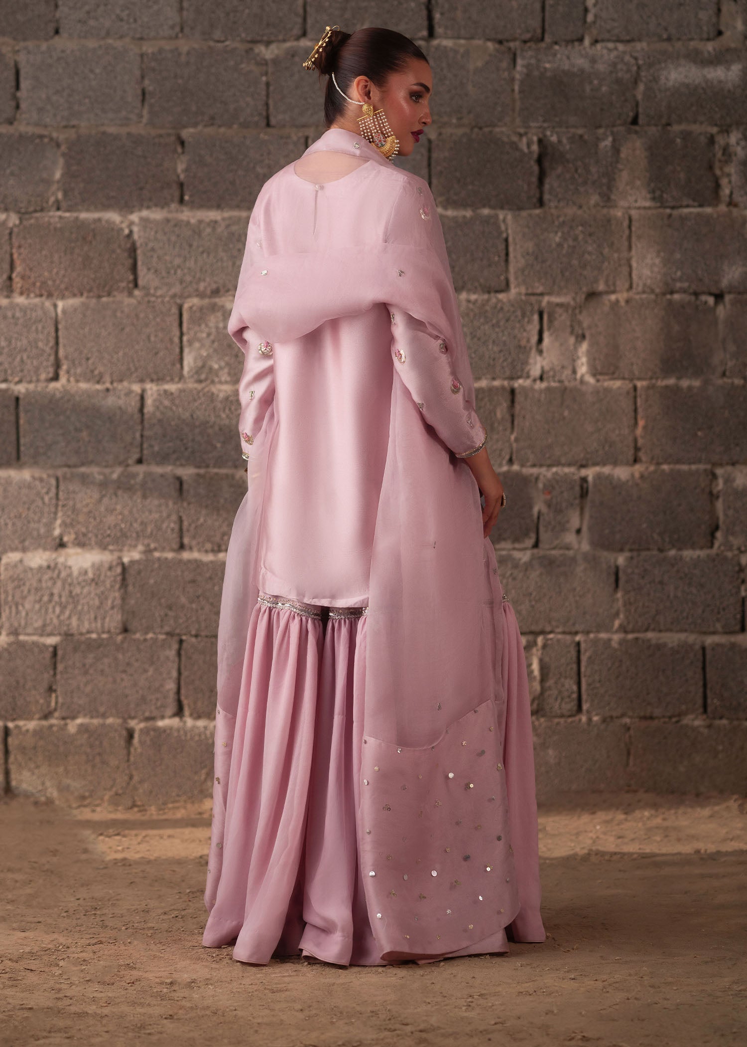 Pastel Pink Hand-Embellished Tissue Silk Gharara (3-Piece) - Image 10