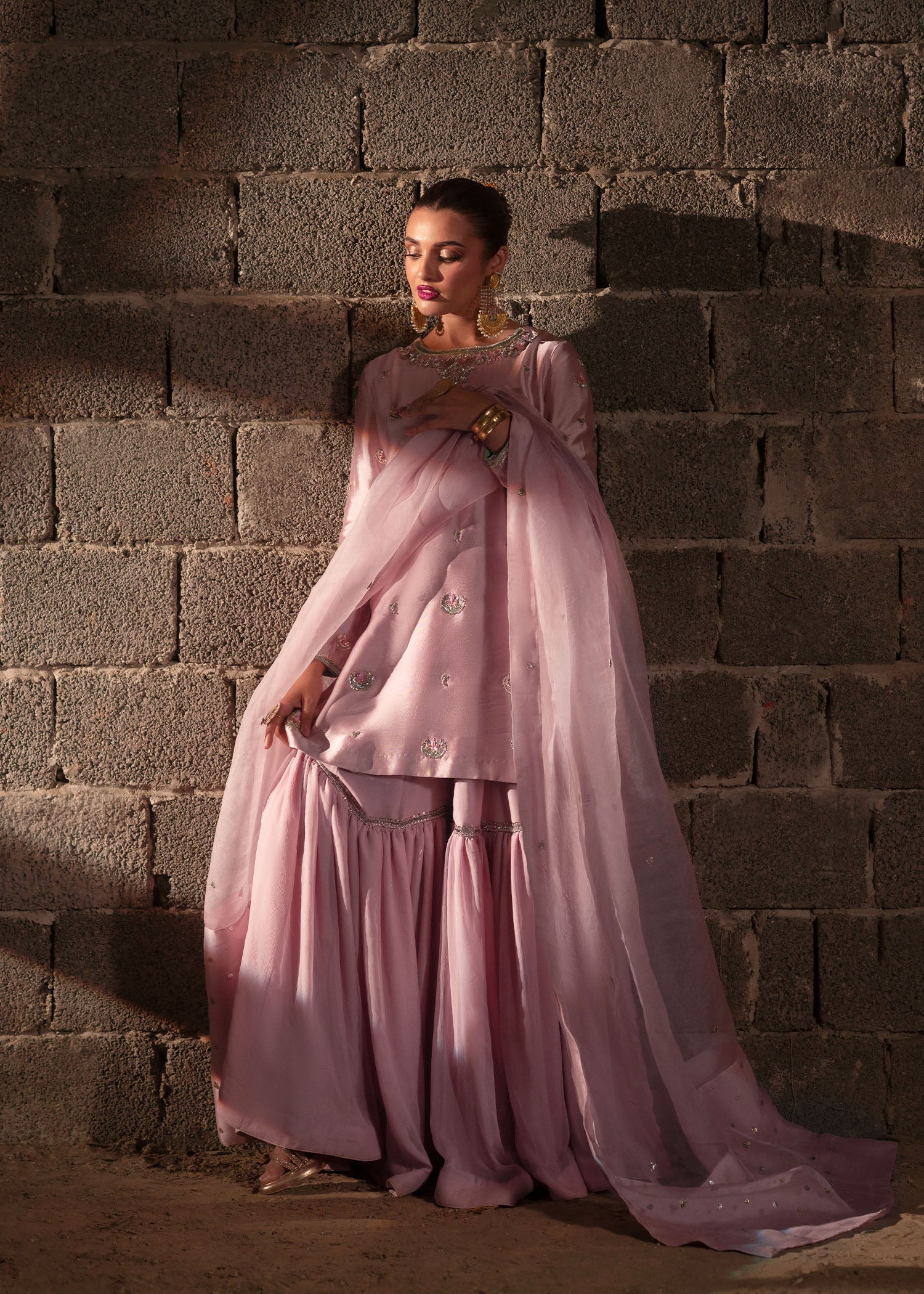 Pastel Pink Hand-Embellished Tissue Silk Gharara (3-Piece) - Image 11