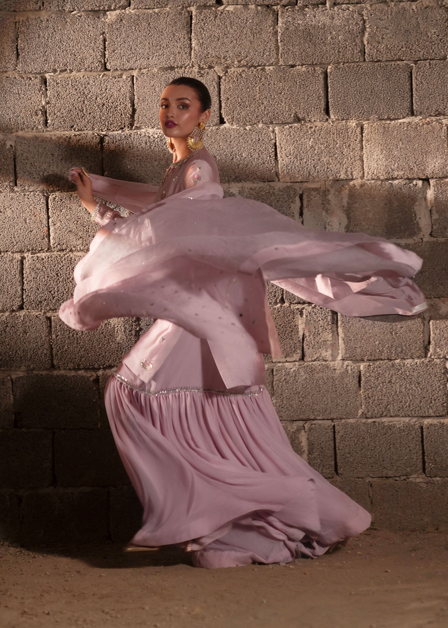 Pastel Pink Hand-Embellished Tissue Silk Gharara (3-Piece) - Image 13