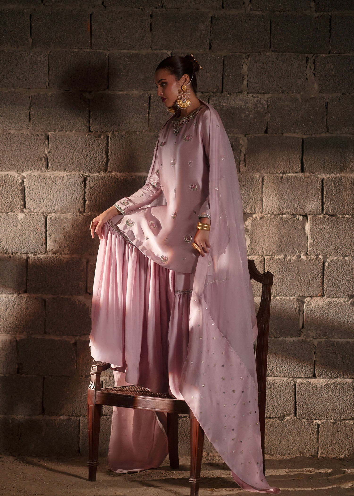 Pastel Pink Hand-Embellished Tissue Silk Gharara (3-Piece) - Image 14