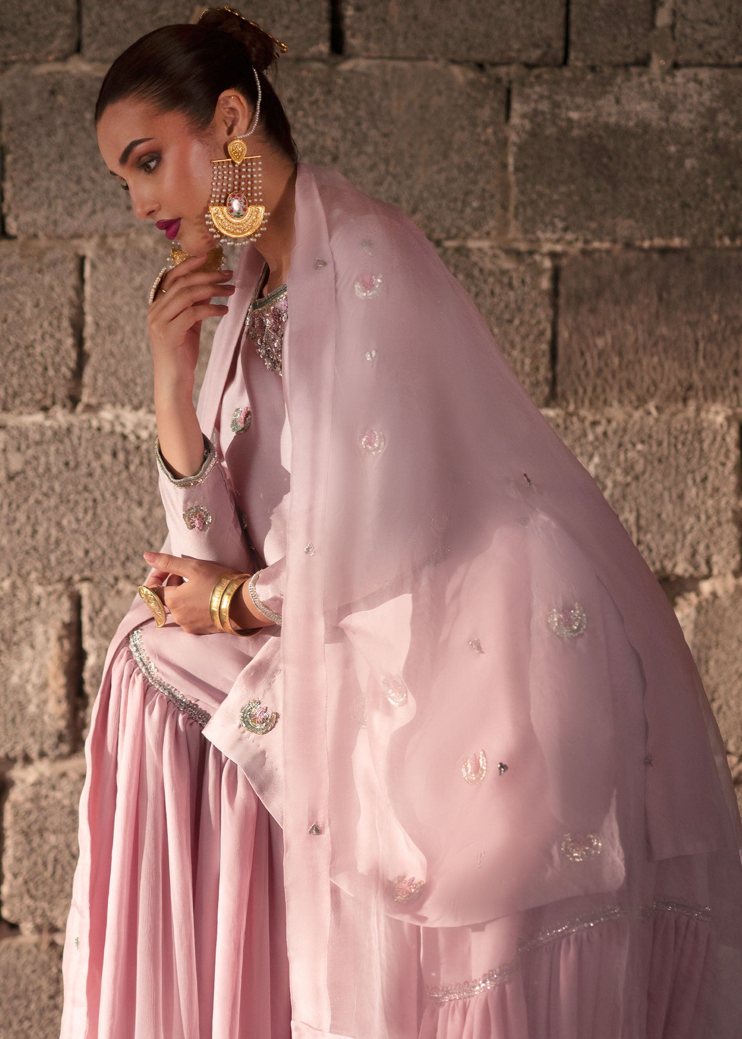 Pastel Pink Hand-Embellished Tissue Silk Gharara (3-Piece) - Image 16
