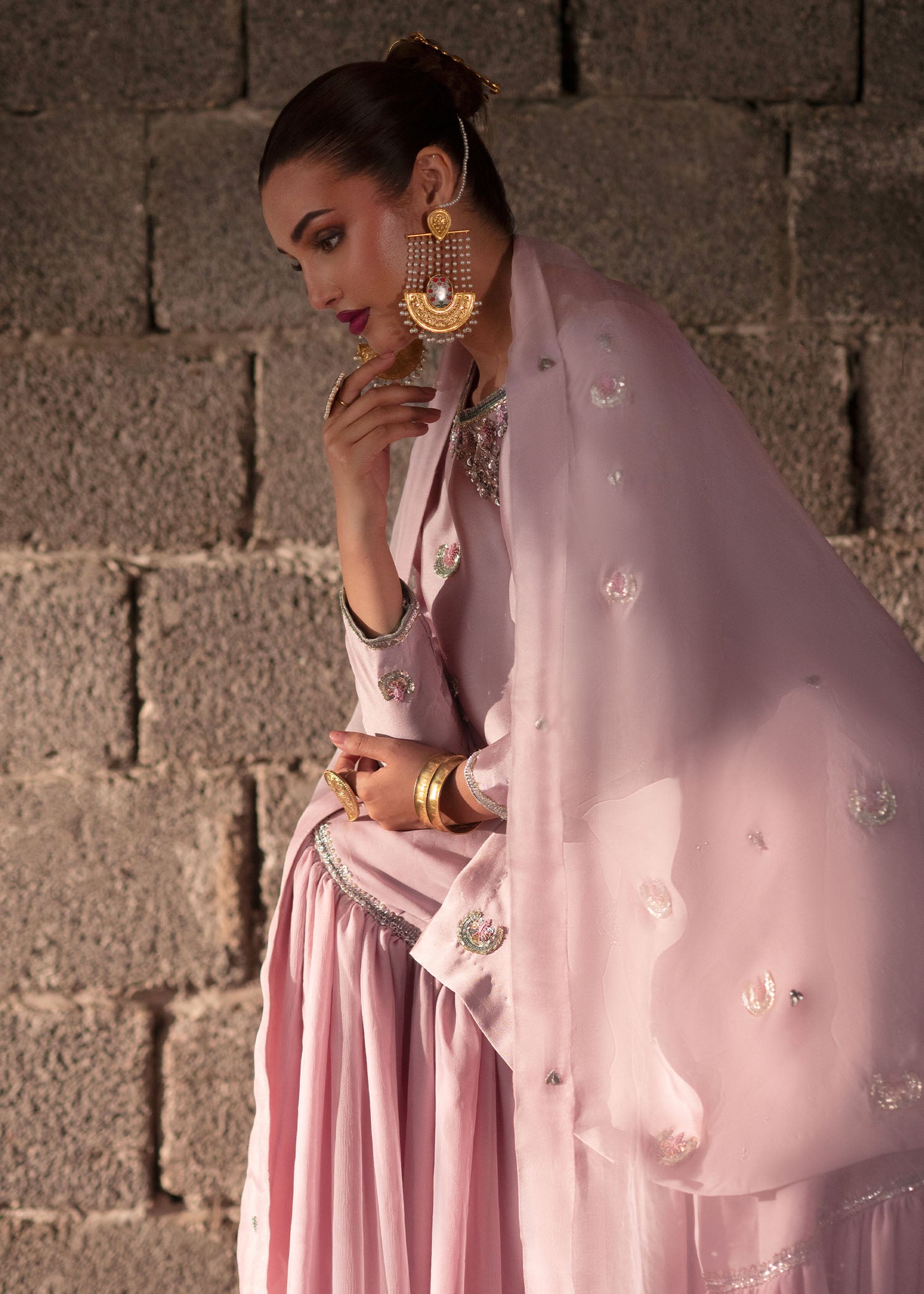 Pastel Pink Hand-Embellished Tissue Silk Gharara (3-Piece) - Image 17