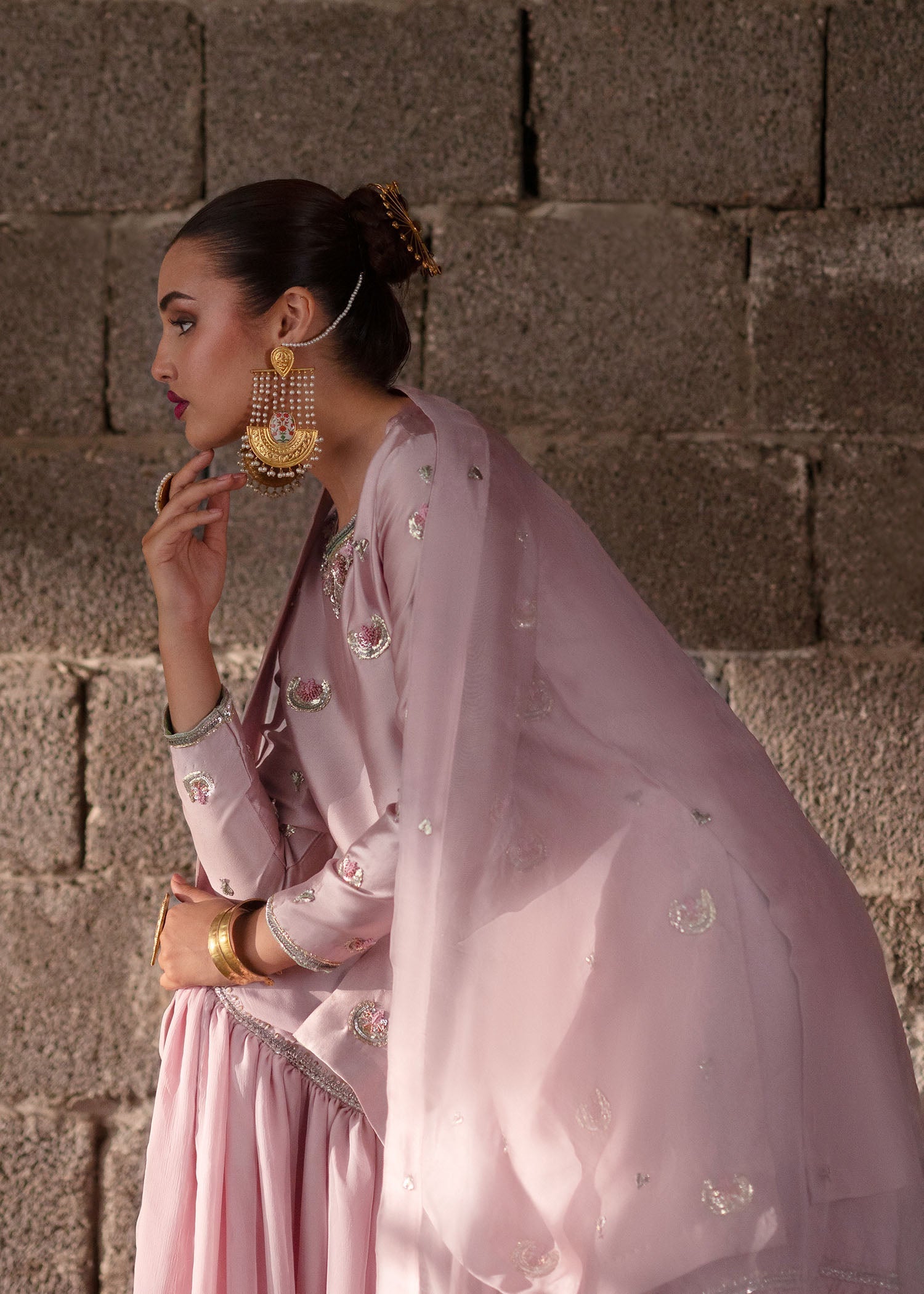 Pastel Pink Hand-Embellished Tissue Silk Gharara (3-Piece) - Image 18