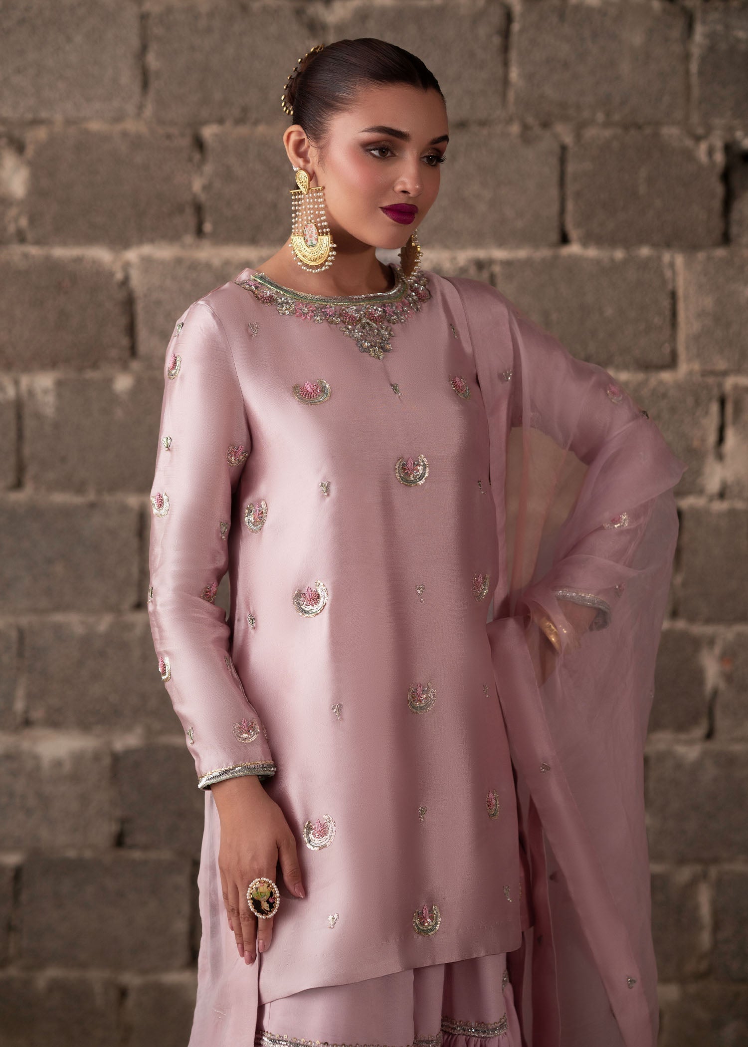 Pastel Pink Hand-Embellished Tissue Silk Gharara (3-Piece) - Image 3