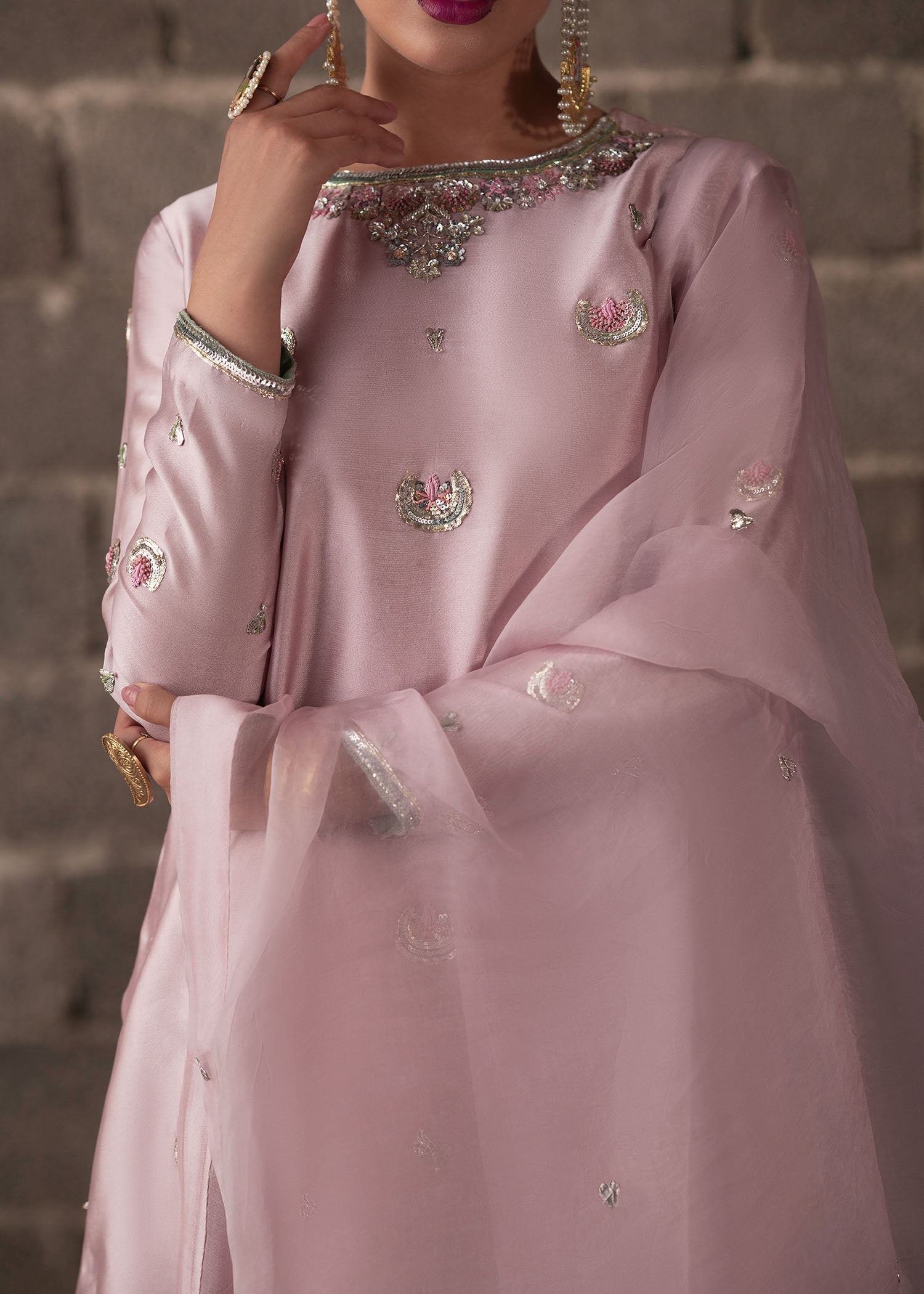 Pastel Pink Hand-Embellished Tissue Silk Gharara (3-Piece) - Image 4