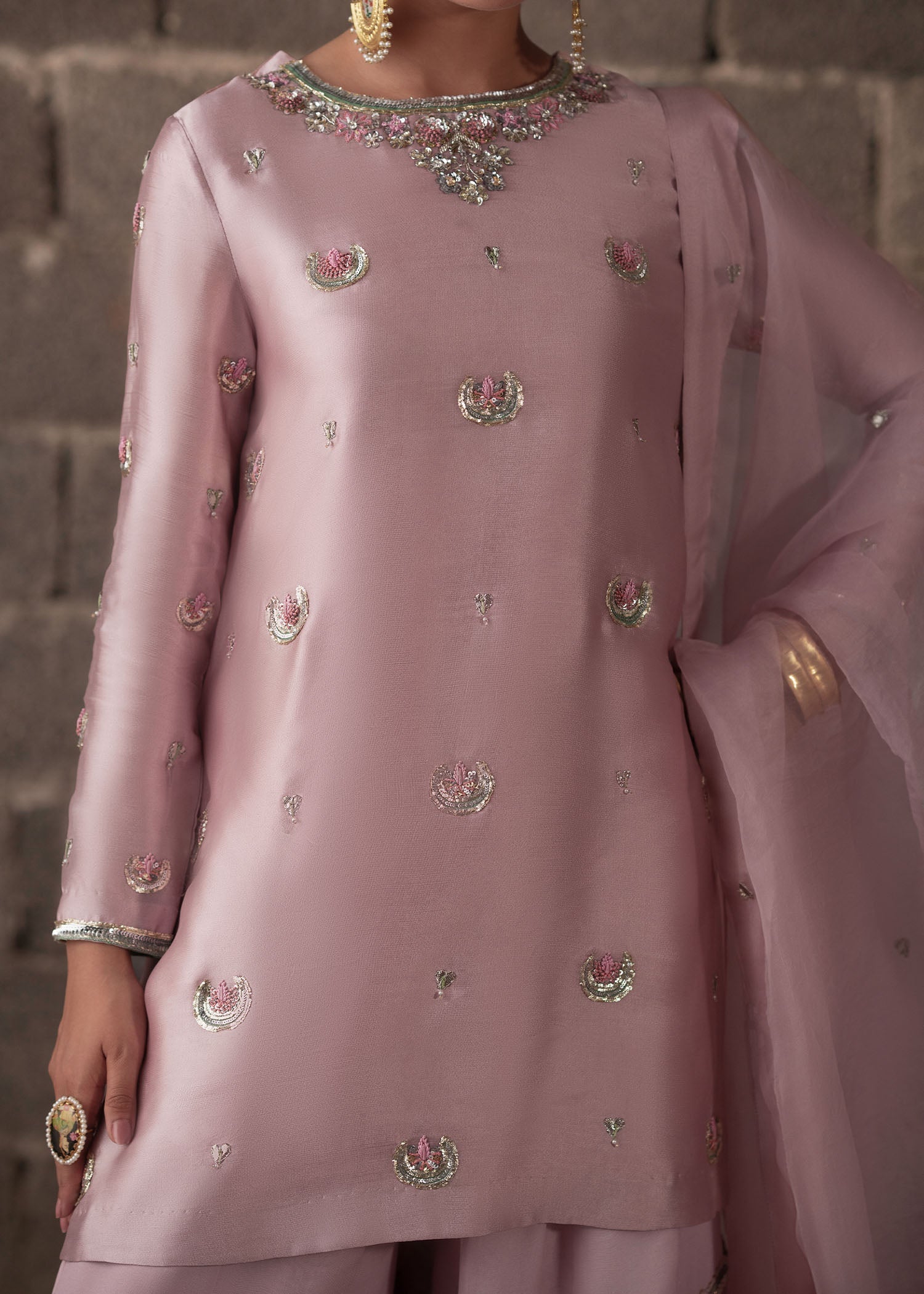 Pastel Pink Hand-Embellished Tissue Silk Gharara (3-Piece) - Image 5