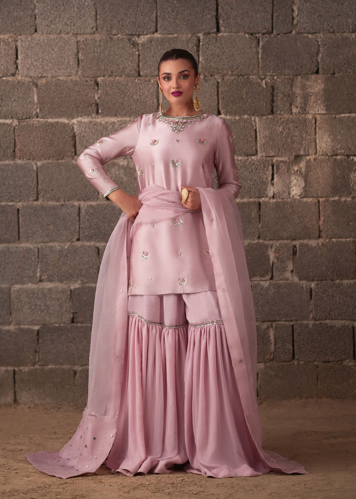 Pastel Pink Hand-Embellished Tissue Silk Gharara (3-Piece) - Image 6