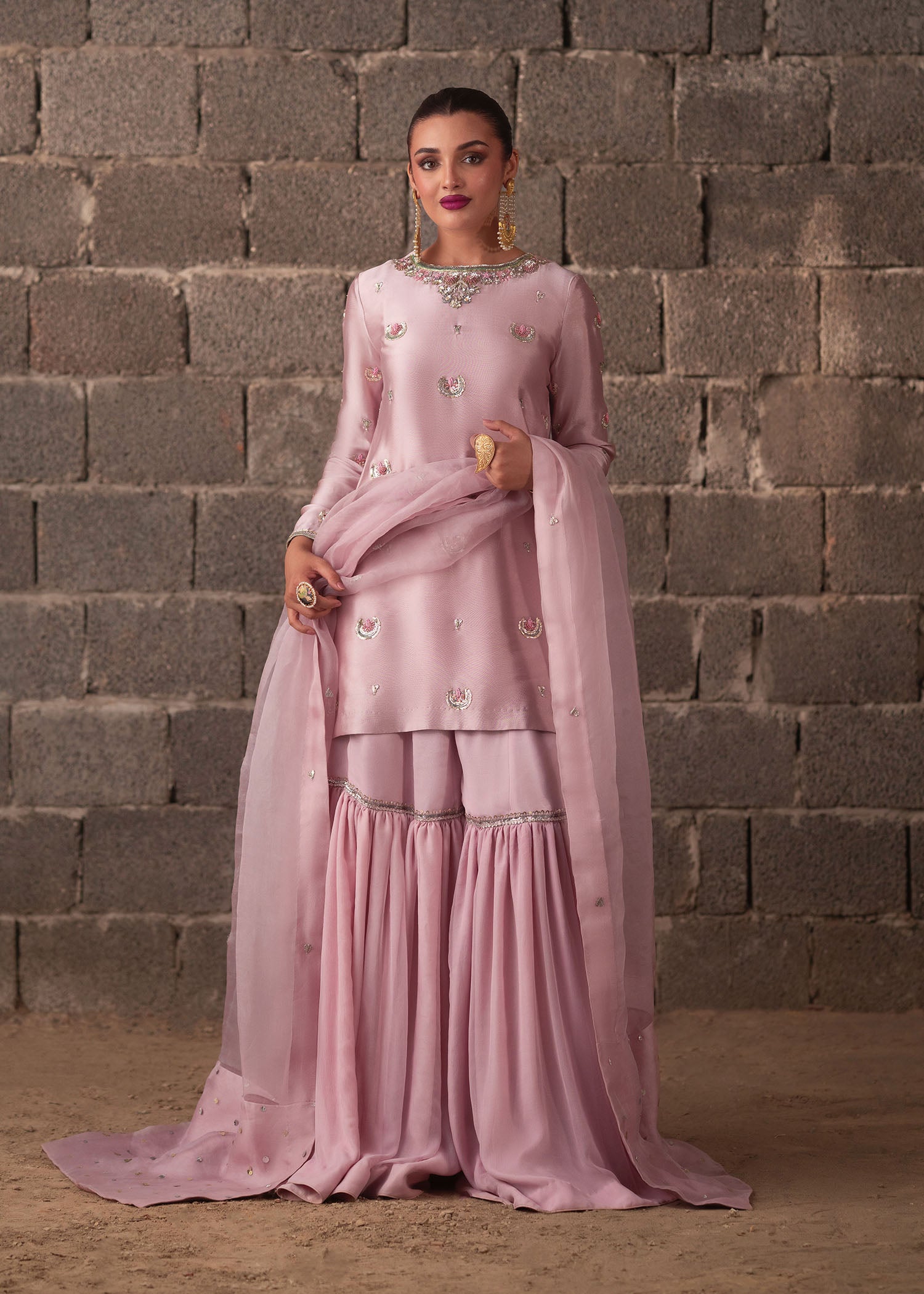 Pastel Pink Hand-Embellished Tissue Silk Gharara (3-Piece) - Image 7