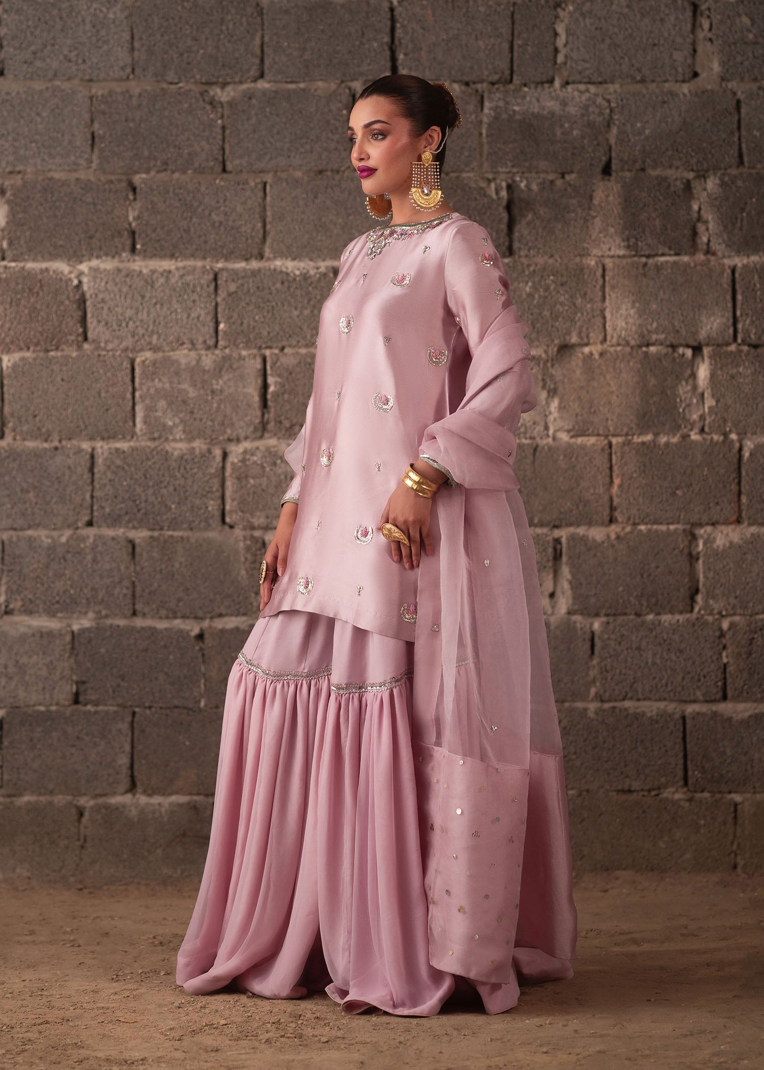 Pastel Pink Hand-Embellished Tissue Silk Gharara (3-Piece) - Image 8