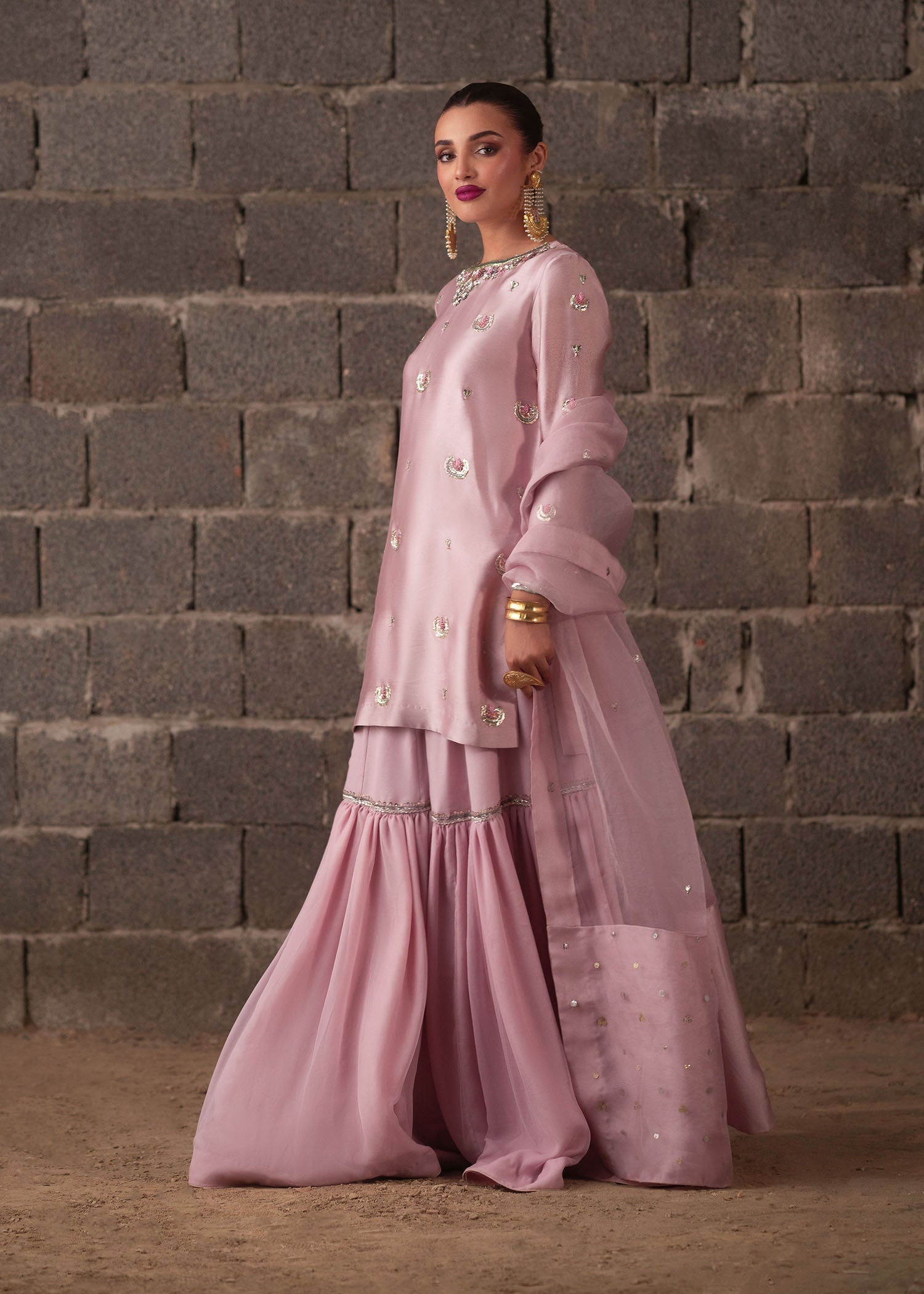 Pastel Pink Hand-Embellished Tissue Silk Gharara (3-Piece) - Image 9