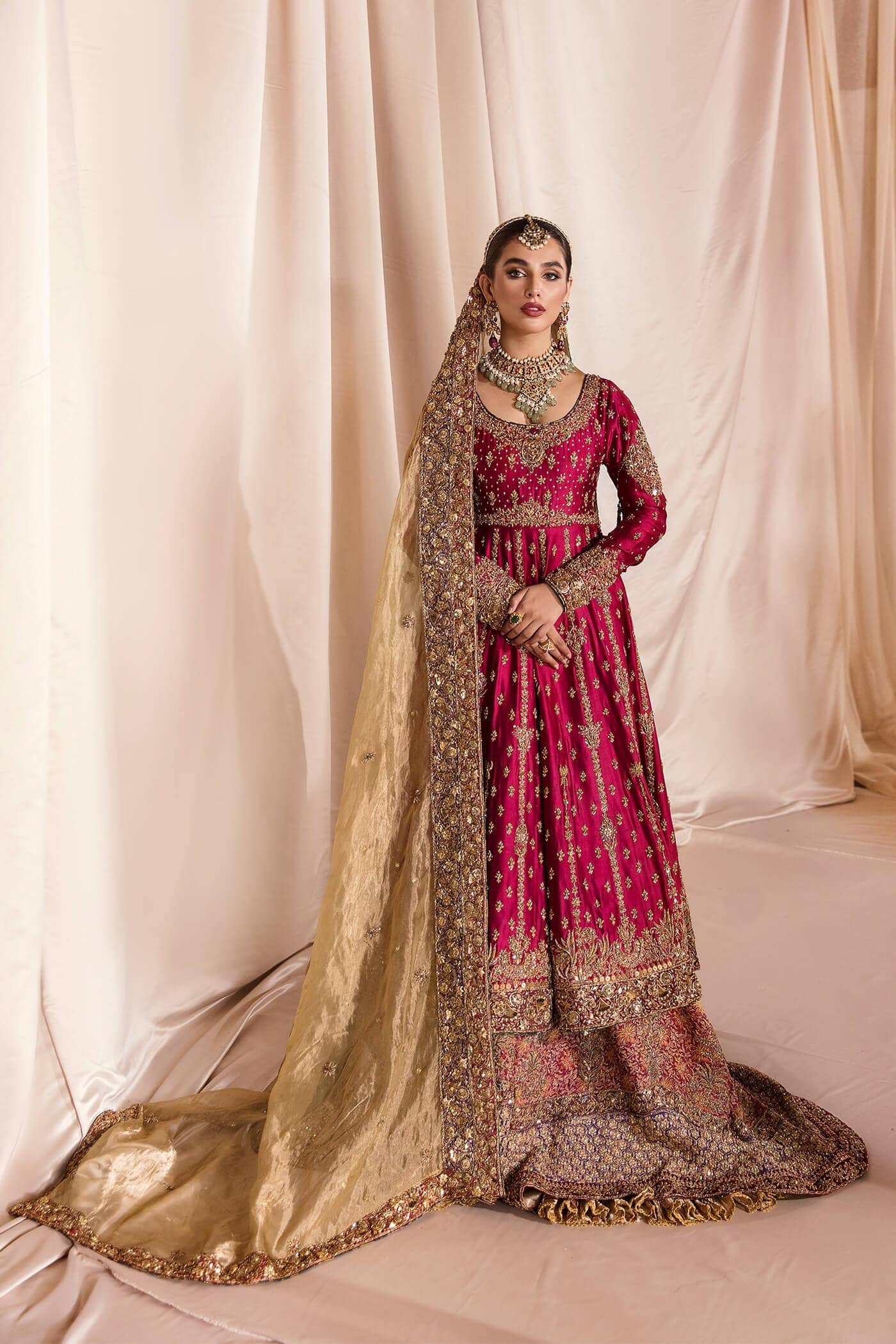 Pakistani Deep Raspberry Zardozi Tissue Silk Peshwas Gharara (3-Piece) - Image 1