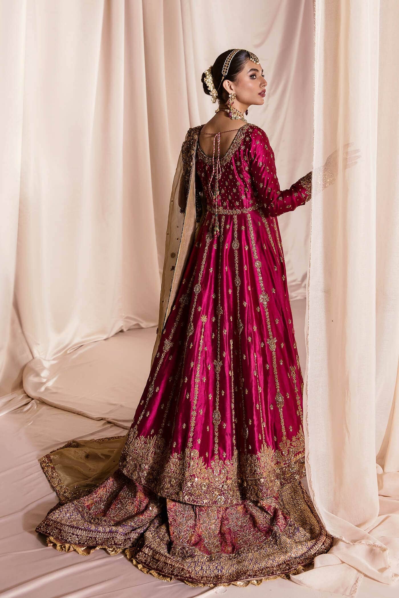 Pakistani Deep Raspberry Zardozi Tissue Silk Peshwas Gharara (3-Piece) - Image 3