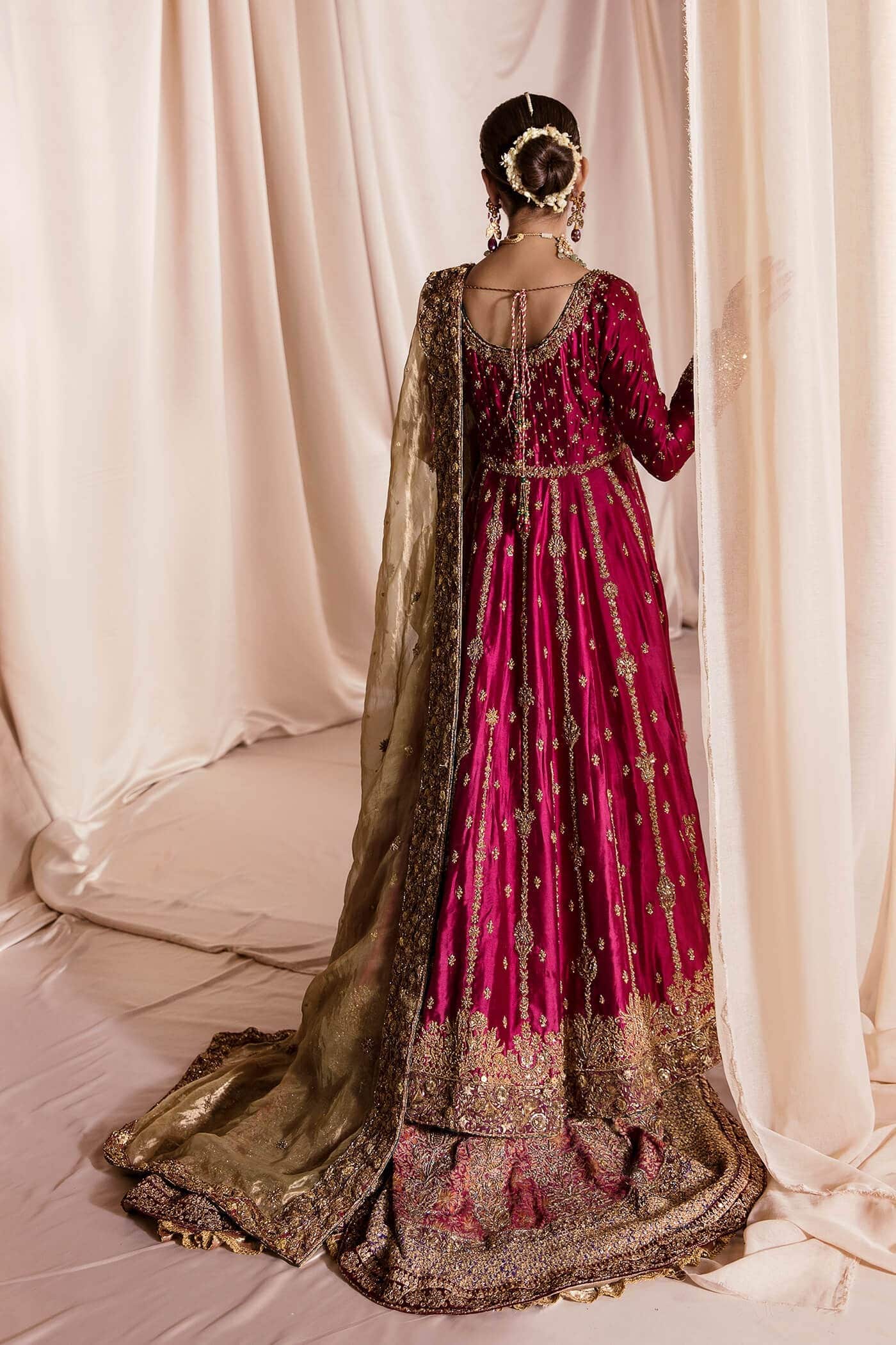 Pakistani Deep Raspberry Zardozi Tissue Silk Peshwas Gharara (3-Piece) - Image 5