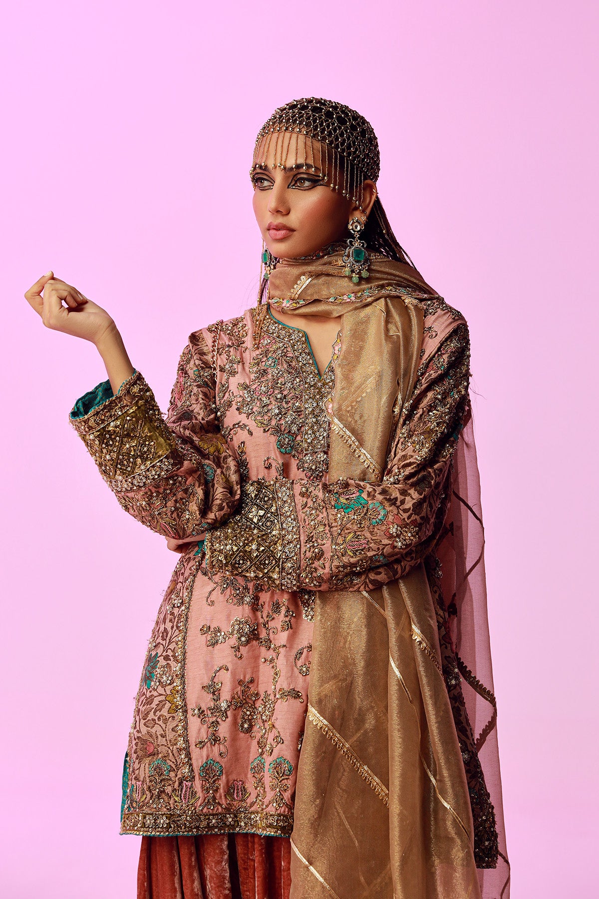 Pakistani Golden Floral Embroidered Khaadi Net Dupatta (1-Pc) - Image 2