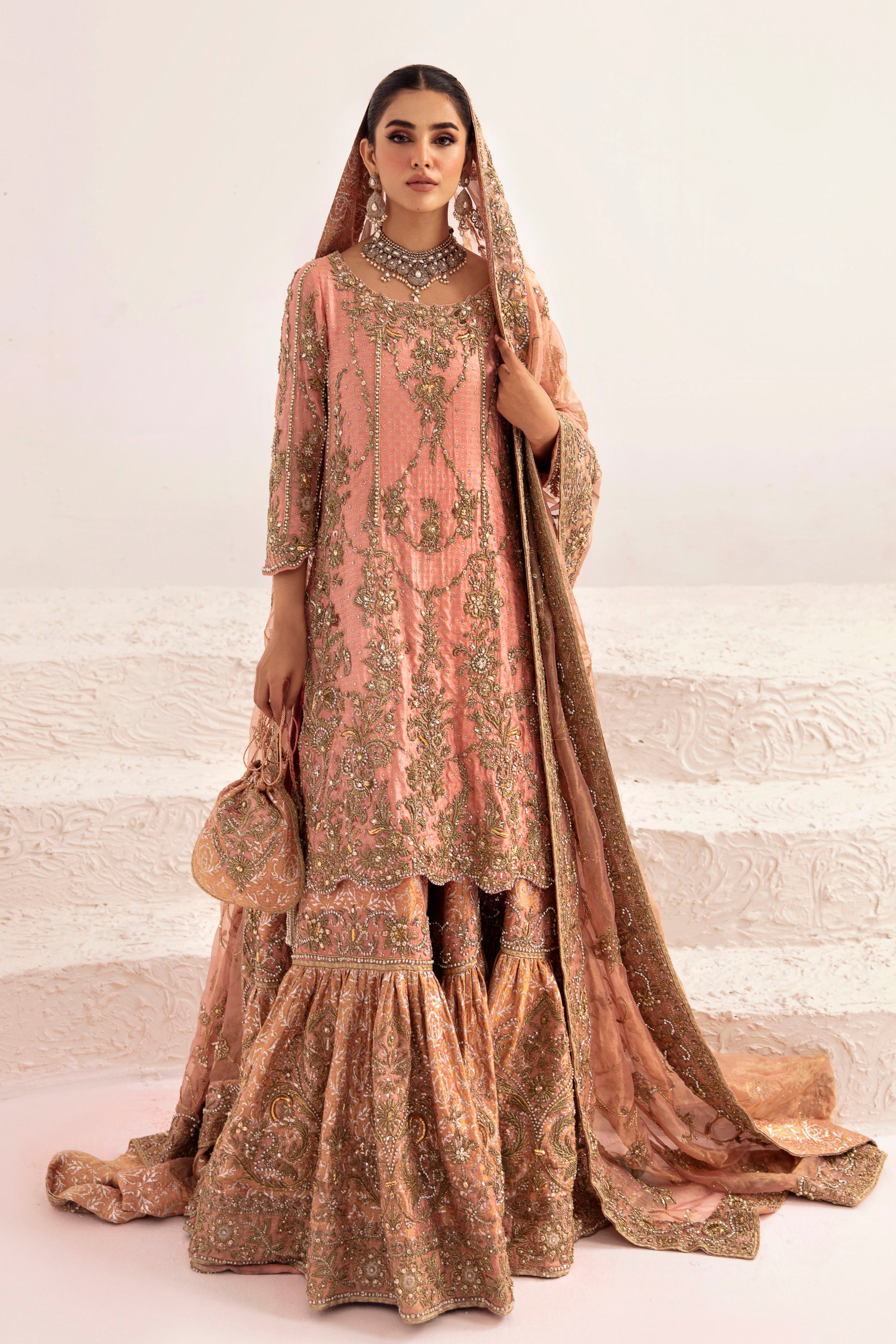 Blossom Pink Zardozi Zari Jamawar Gharara (3-Piece) - Image 1
