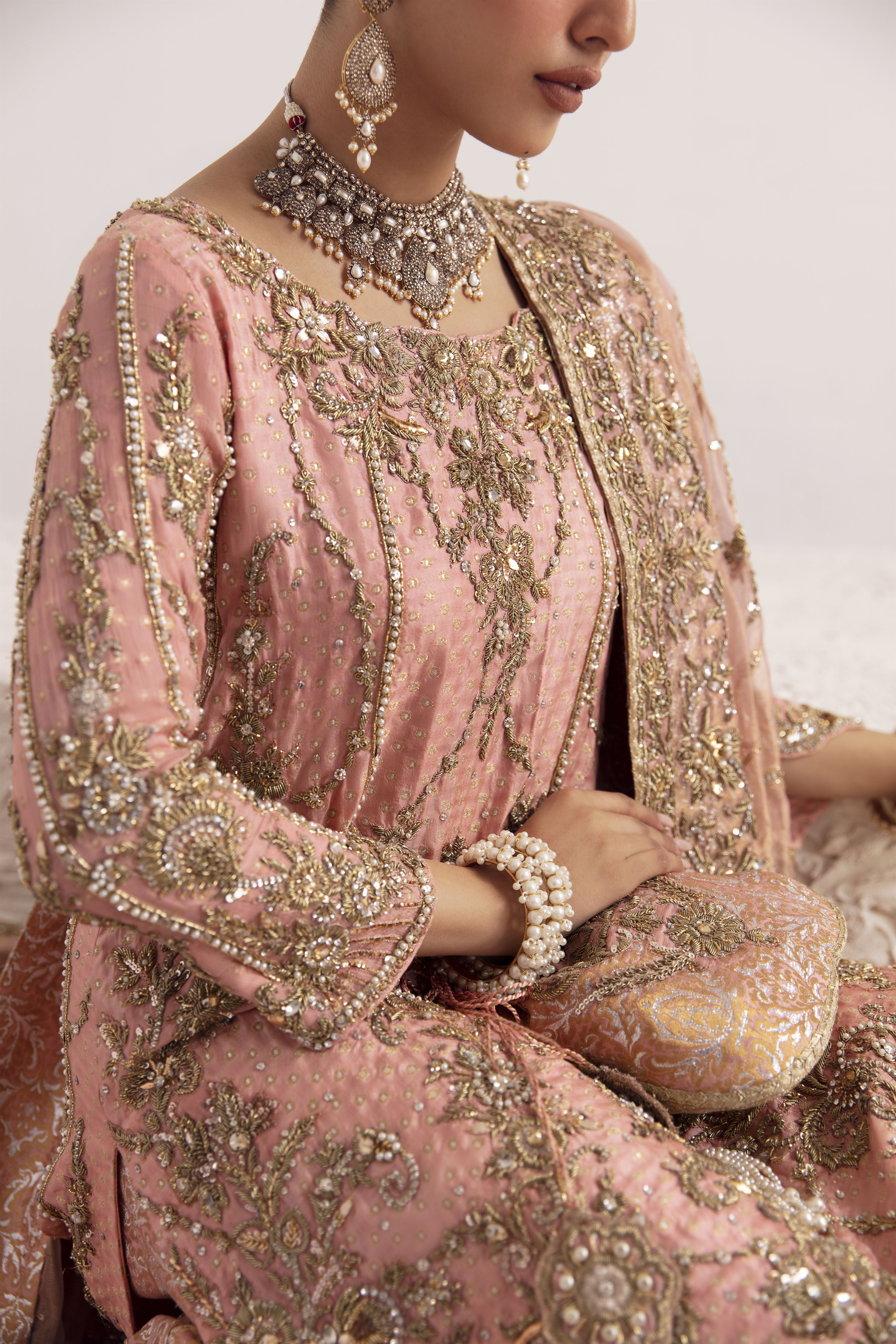 Blossom Pink Zardozi Zari Jamawar Gharara (3-Piece) - Image 6