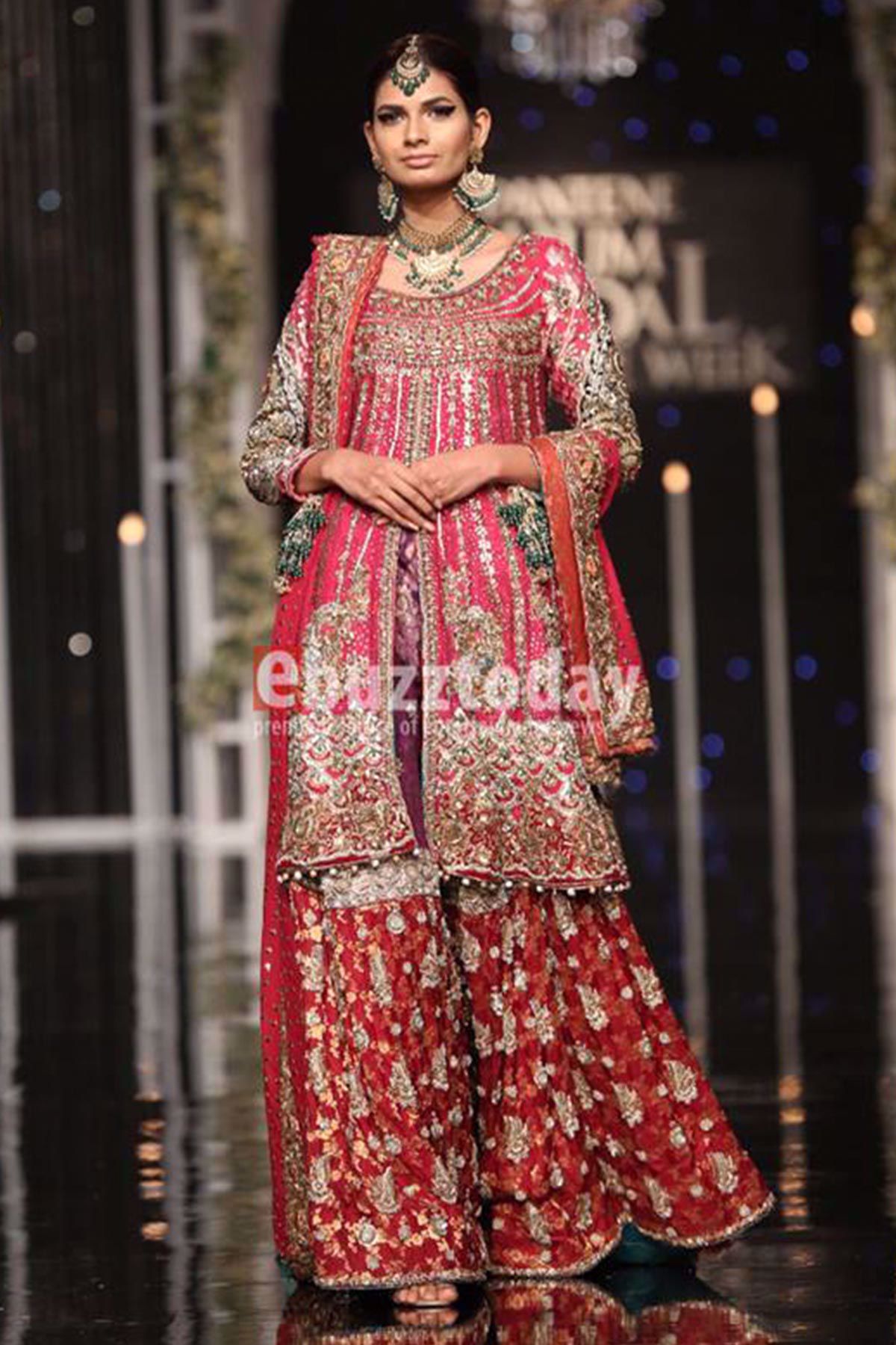 Pakistani Deep Pink Zari Net Bridal Gharara (3-Piece) - Image 1
