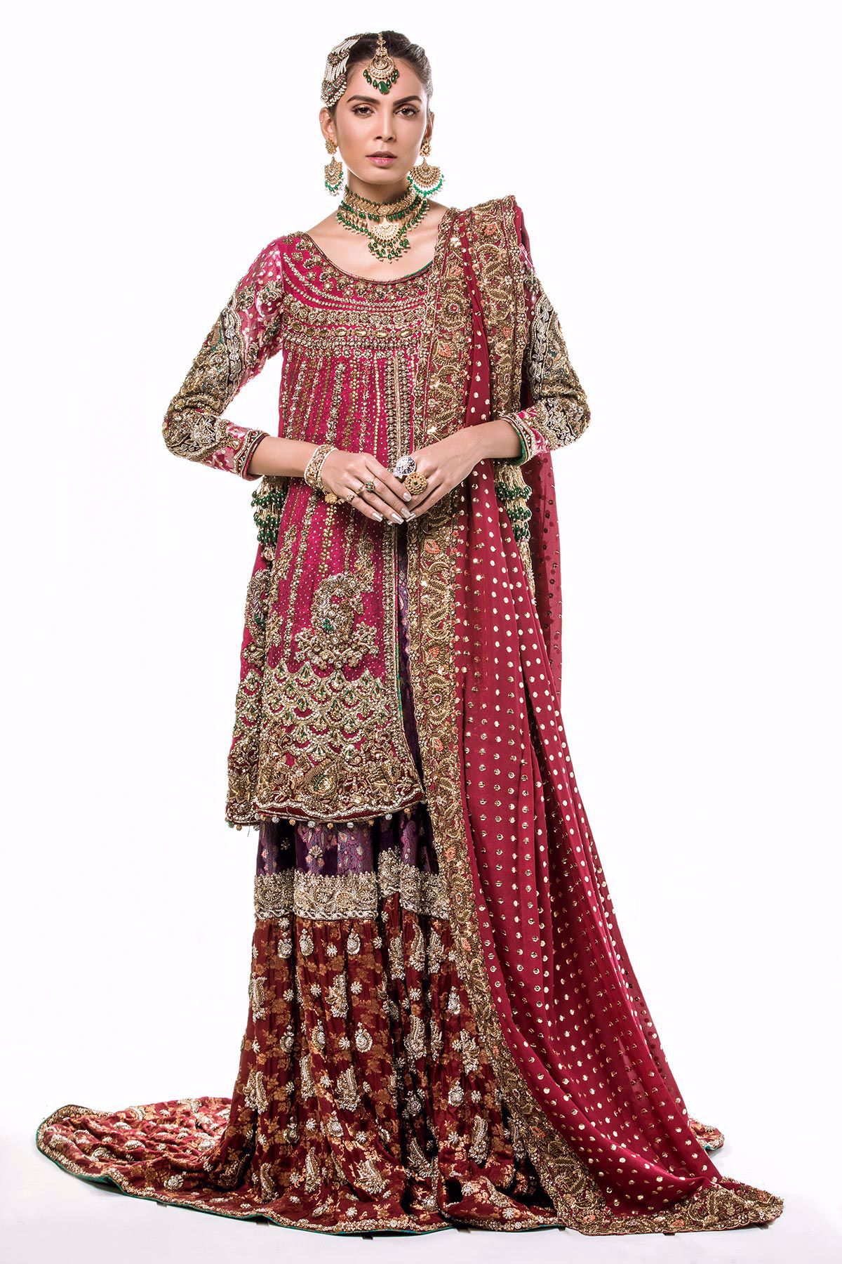Pakistani Deep Pink Zari Net Bridal Gharara (3-Piece) - Image 1