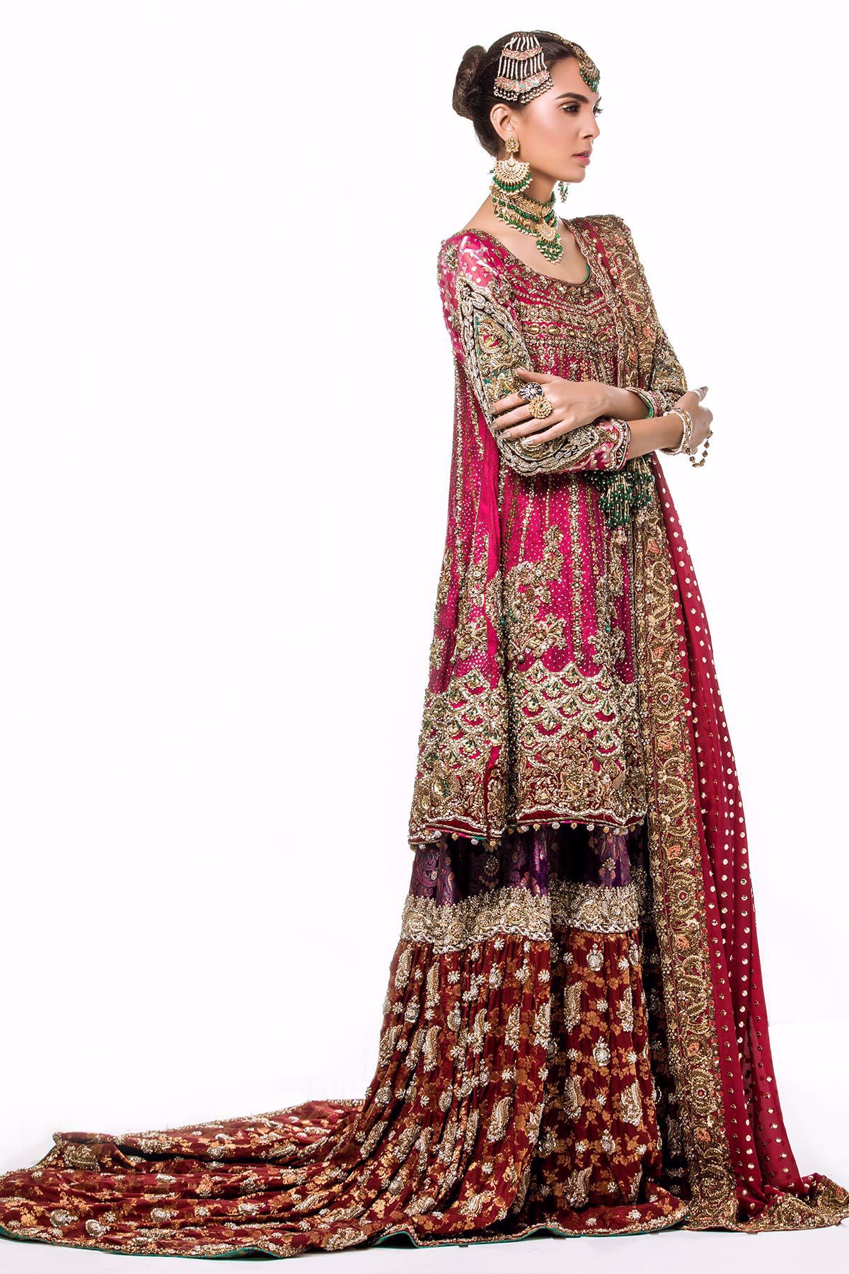 Pakistani Deep Pink Zari Net Bridal Gharara (3-Piece) - Image 2