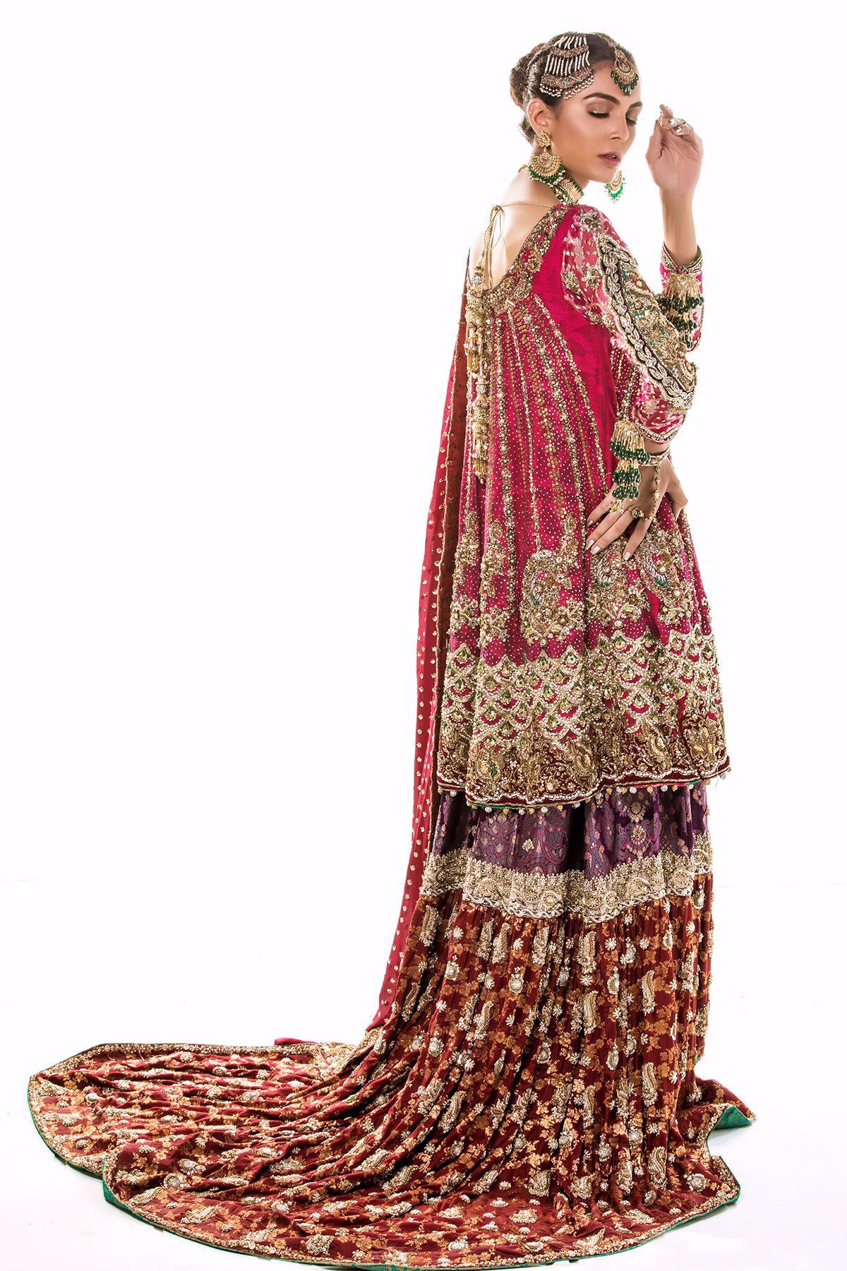 Pakistani Deep Pink Zari Net Bridal Gharara (3-Piece) - Image 3
