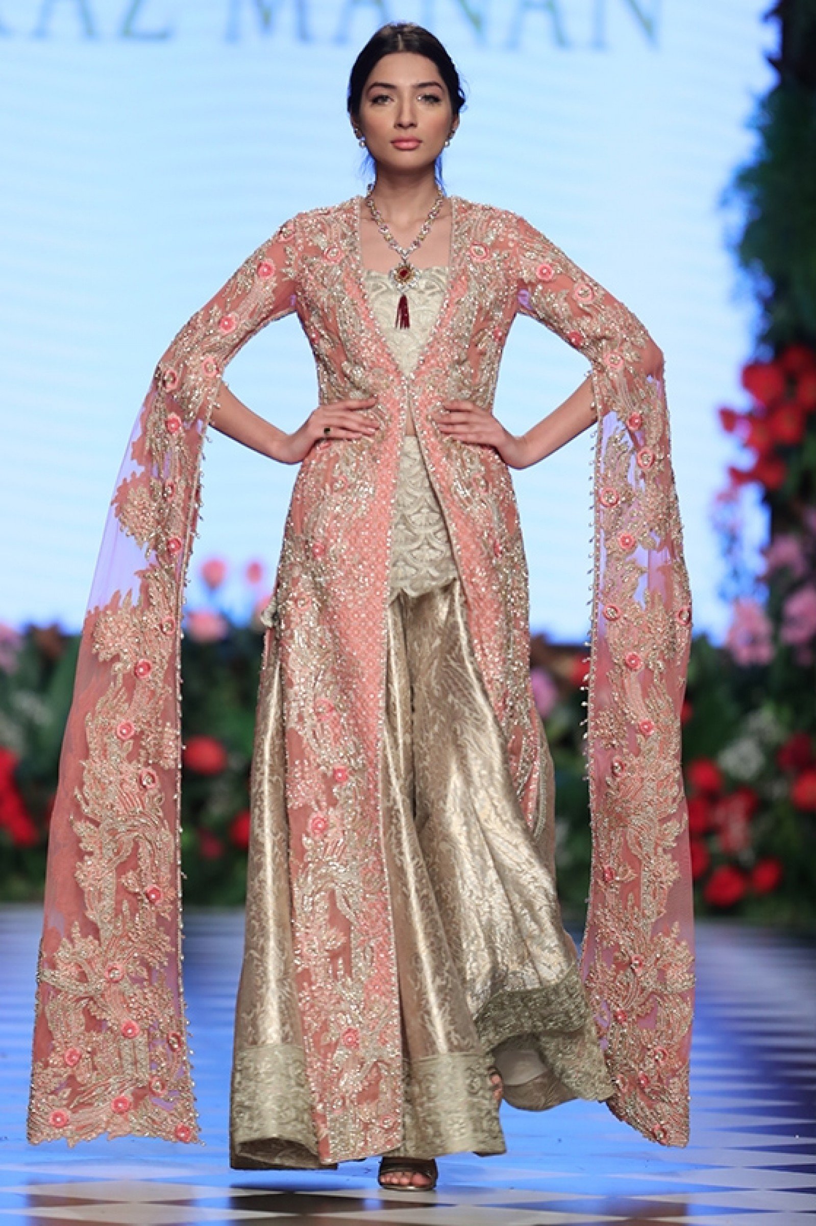 Pakistani Blush Pink Embellished Net Jacket with Gold Brocade Gown (2-Piece) - Image 1