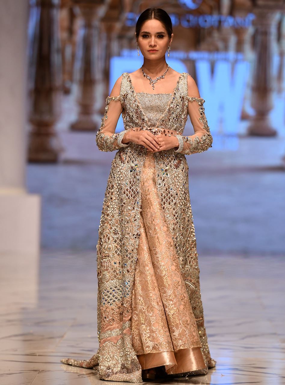 Pakistani Peach Embellished Chantilly Net Gown (2-Piece) - Image 1