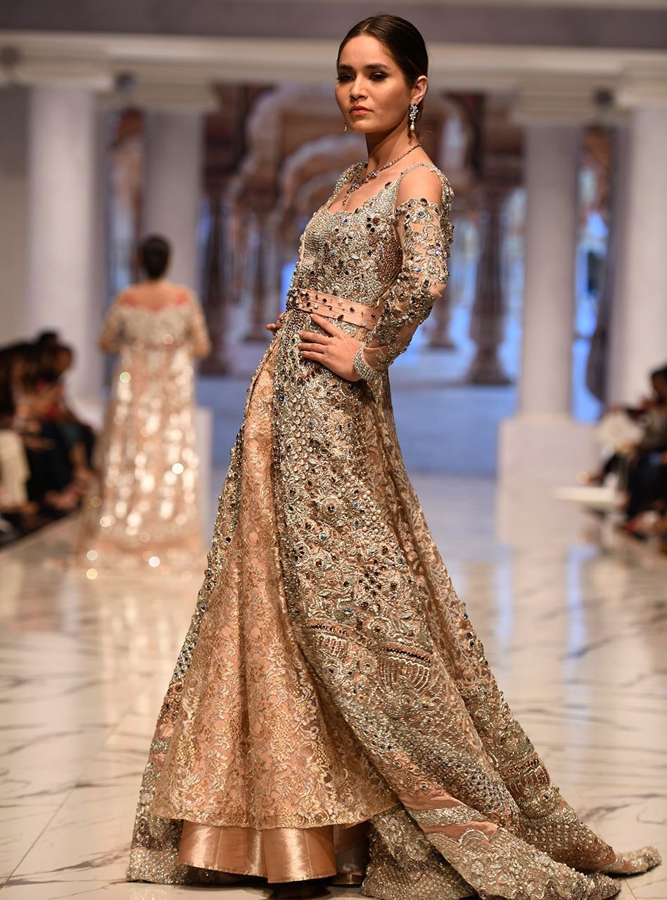 Pakistani Peach Embellished Chantilly Net Gown (2-Piece) - Image 2