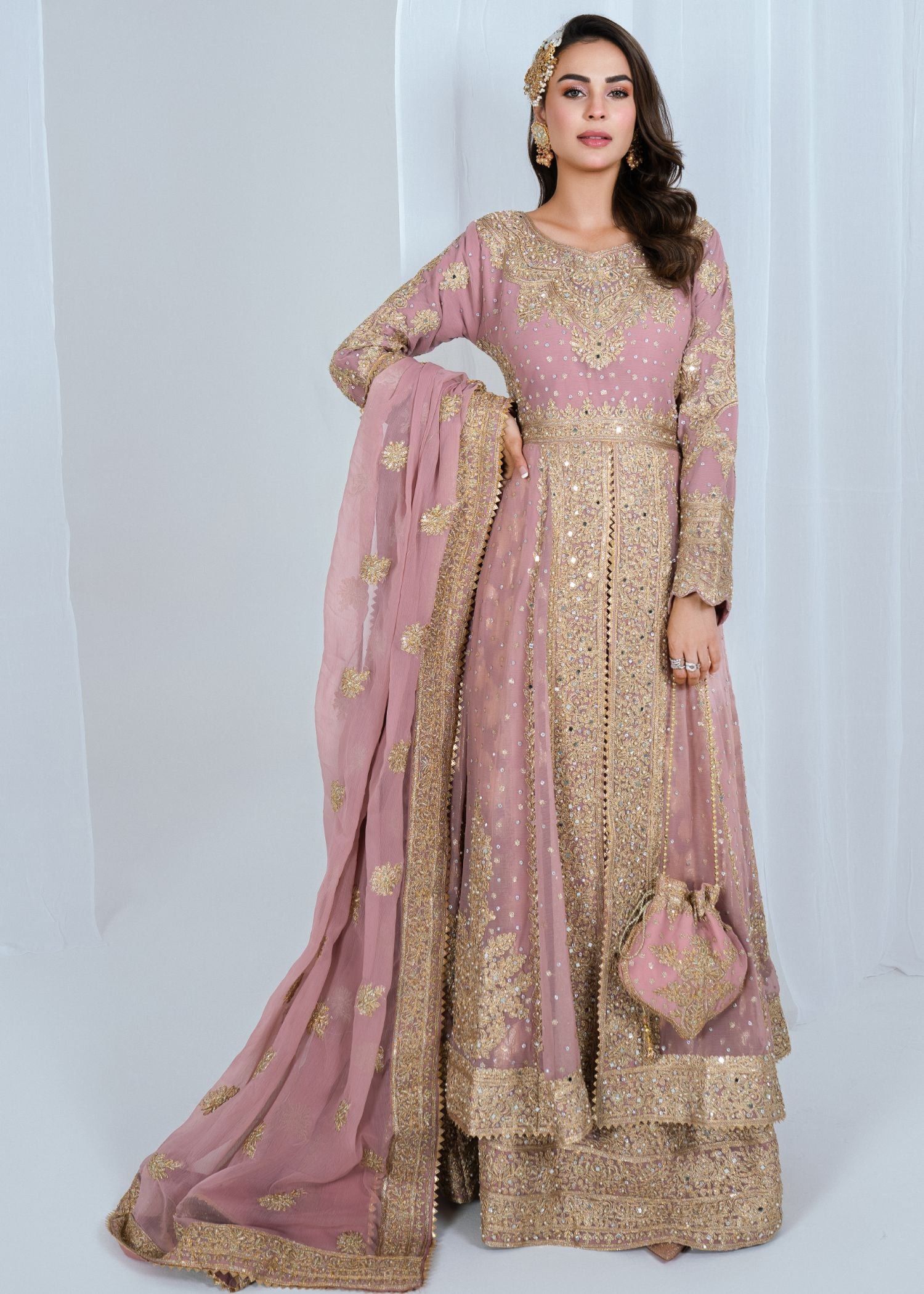 Soft Pink Embroidered Chiffon Front-Open Gown (3-Piece) - Image 1