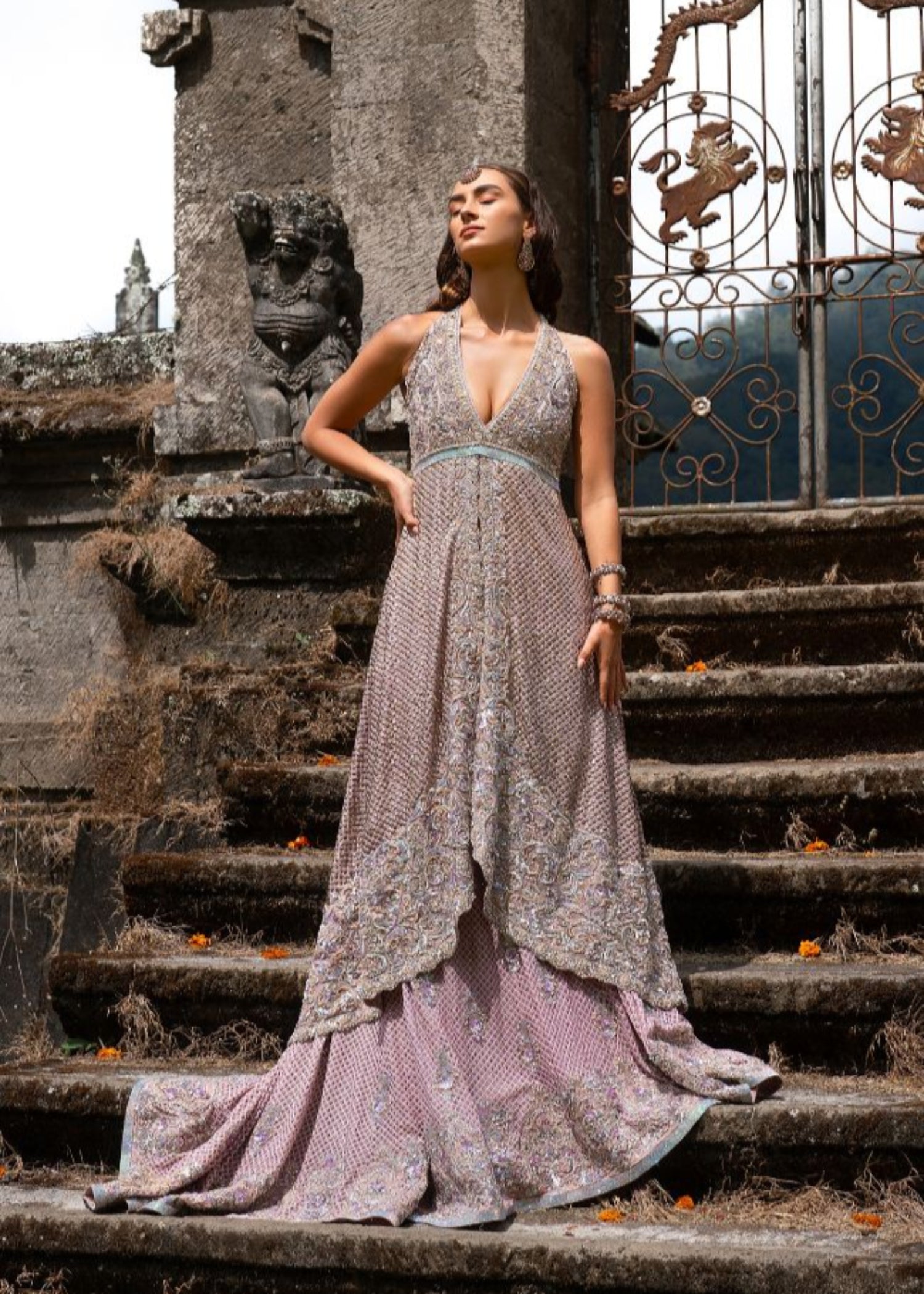 Pearl Pink Embellished Pure Chiffon Gown (2-Piece) - Image 1