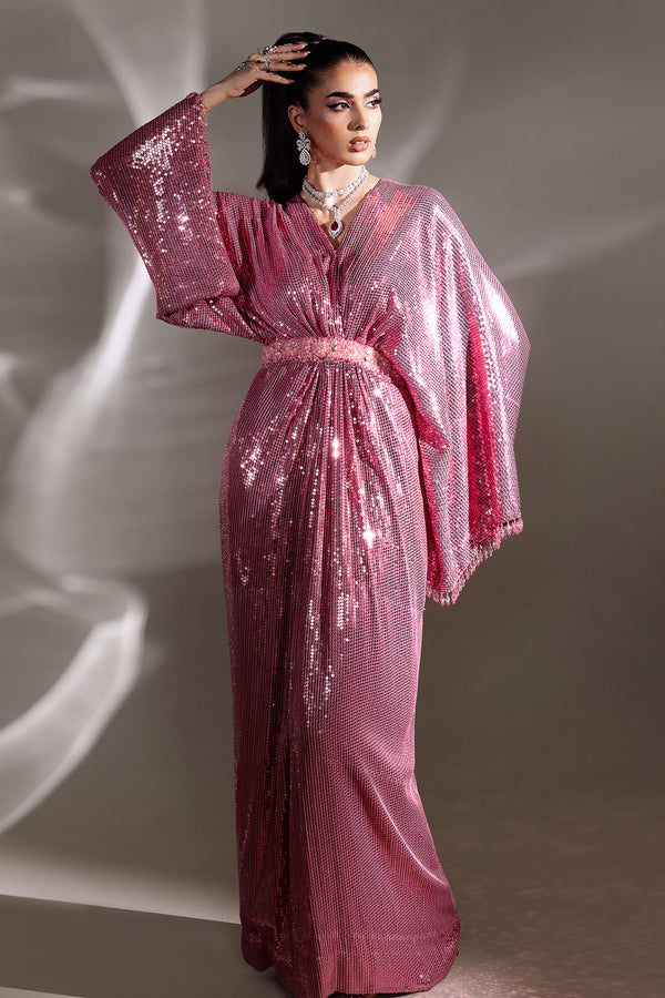 Pakistani Rose Pink Sequined Chiffon Satin Gown (1-Pc) - Image 3
