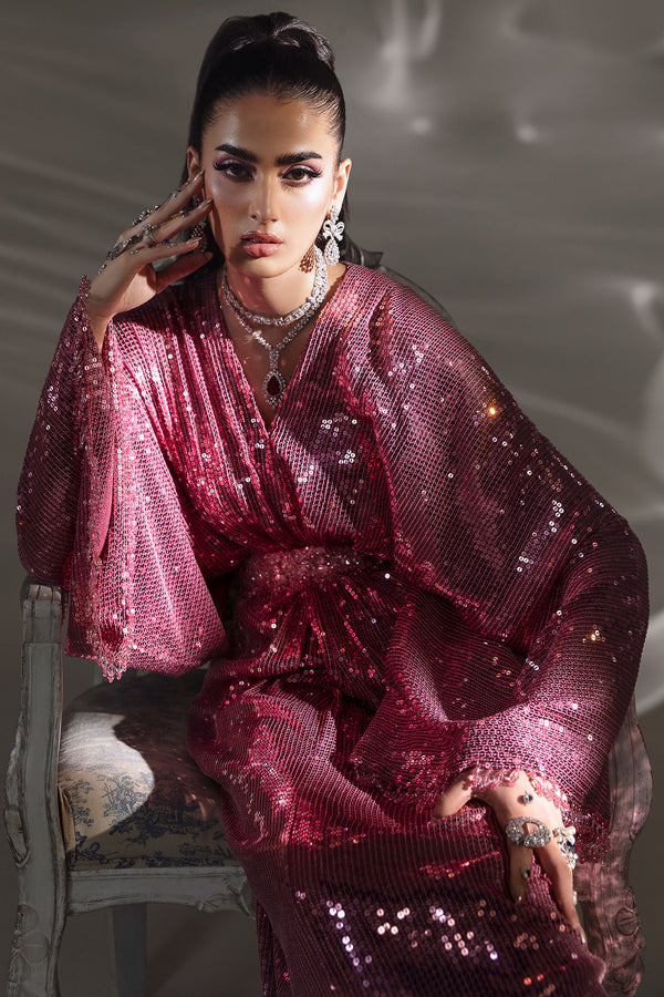 Pakistani Rose Pink Sequined Chiffon Satin Gown (1-Pc) - Image 4