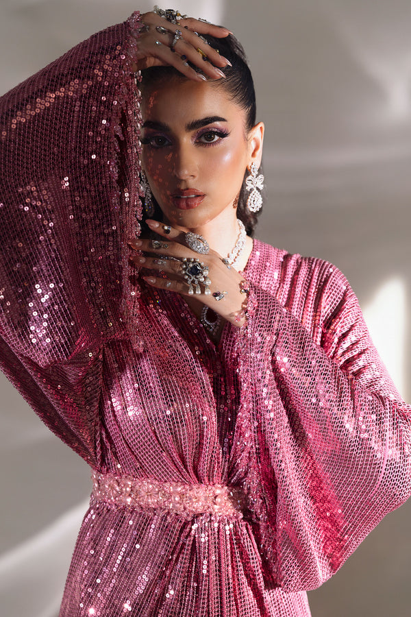 Pakistani Rose Pink Sequined Chiffon Satin Gown (1-Pc) - Image 5