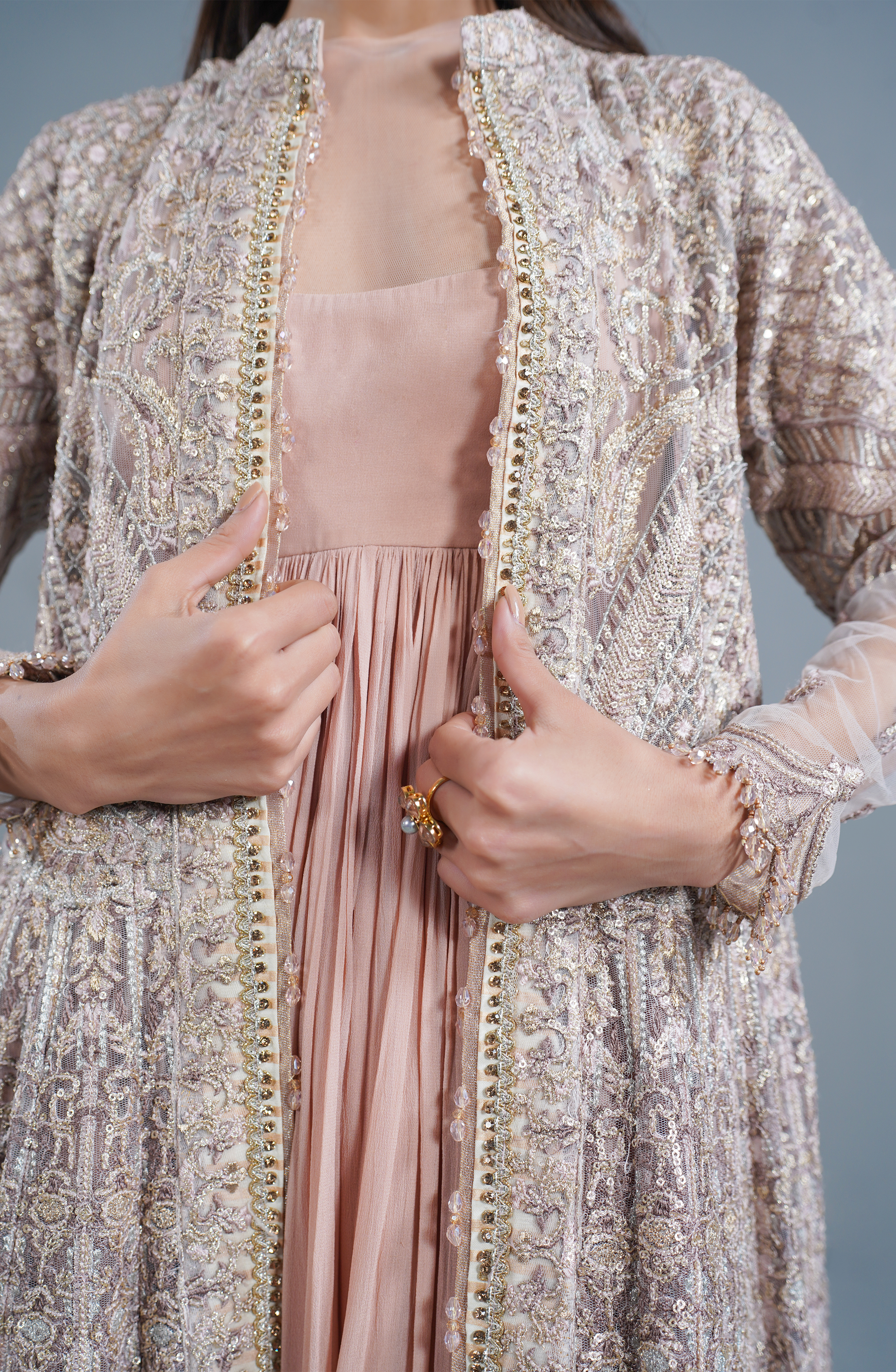 Pakistani Powder Pink Embroidered Net Jacket with Chiffon Gown (2-Piece) - Image 3