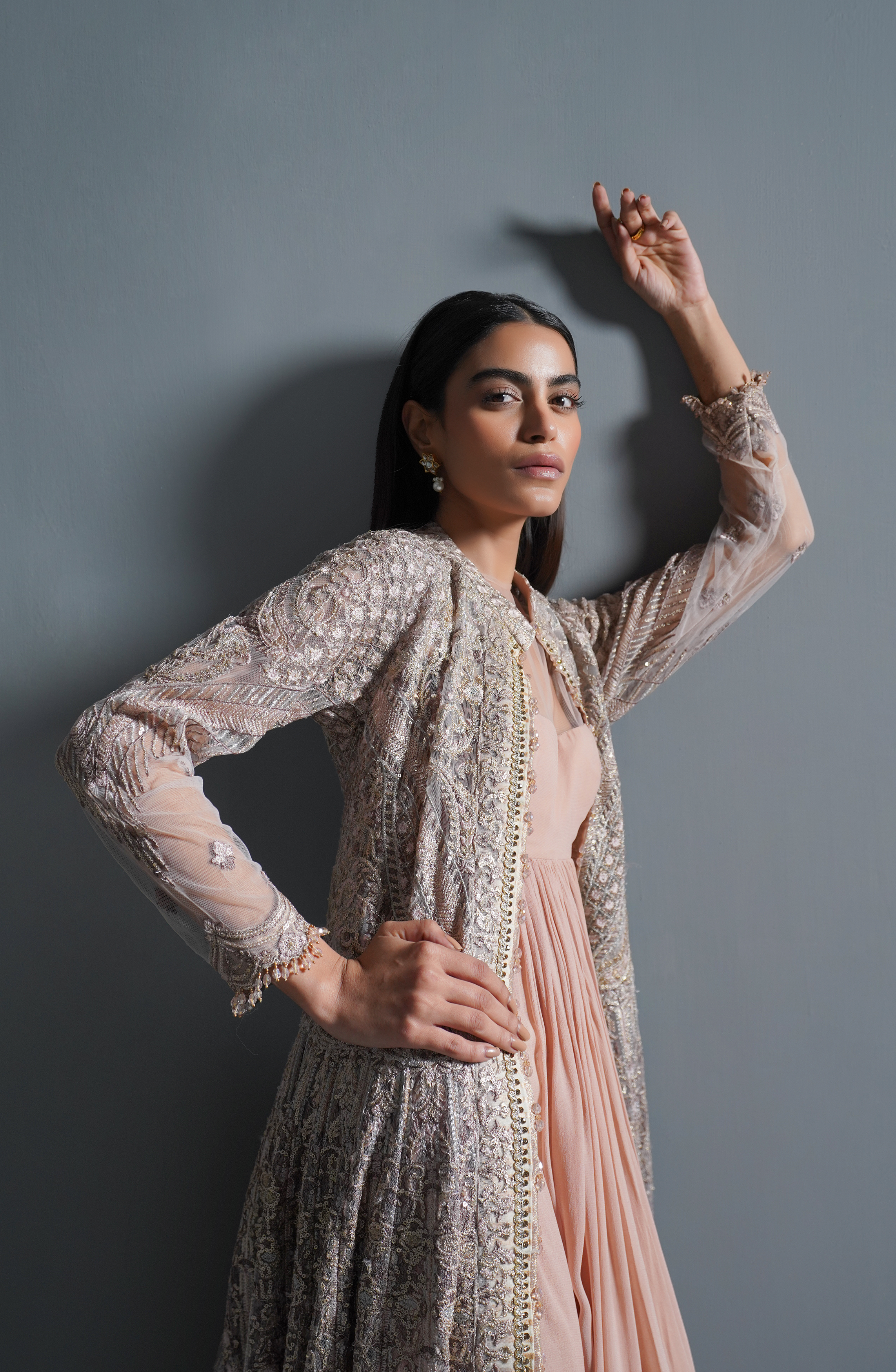 Pakistani Powder Pink Embroidered Net Jacket with Chiffon Gown (2-Piece) - Image 5