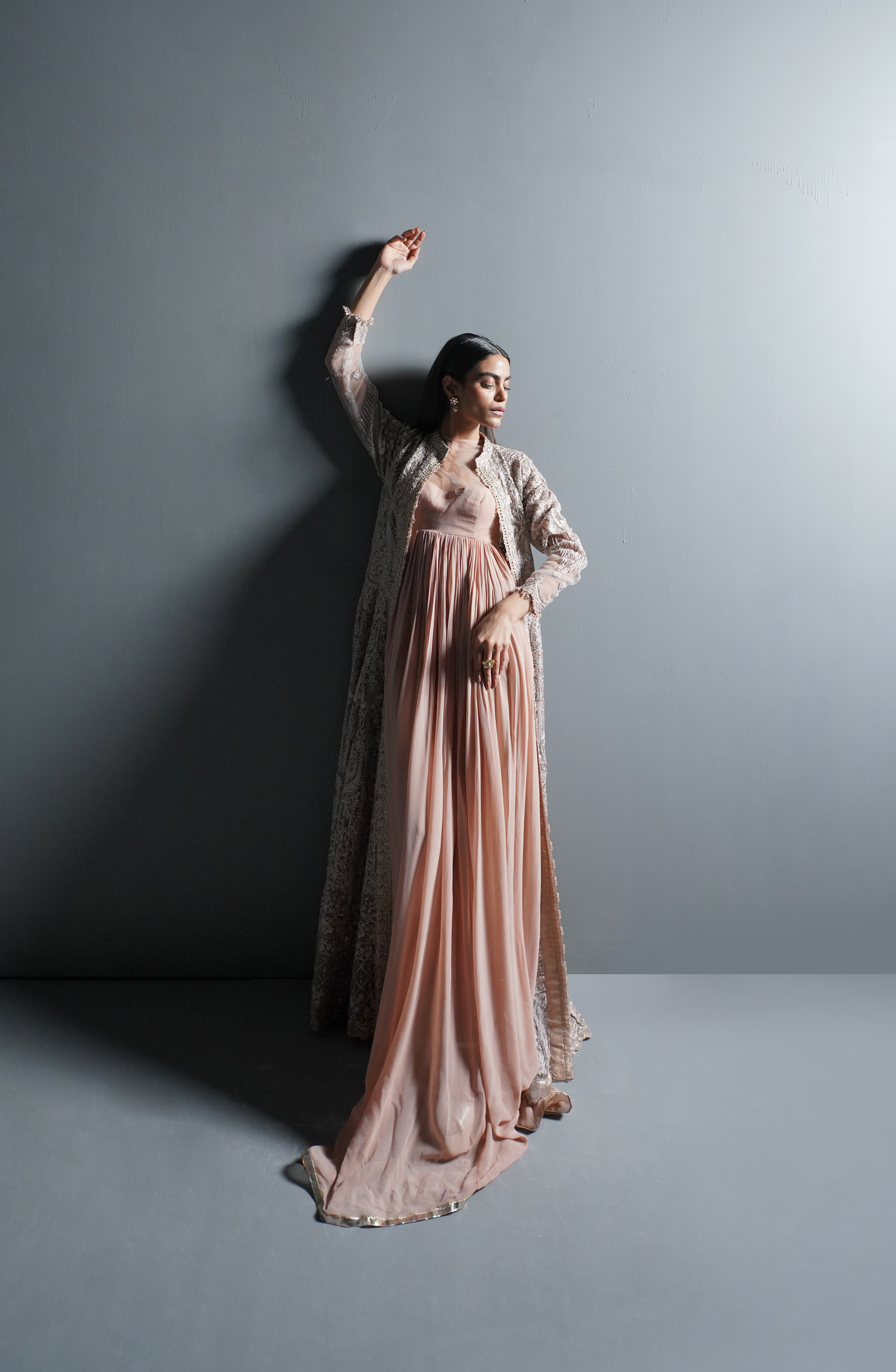 Pakistani Powder Pink Embroidered Net Jacket with Chiffon Gown (2-Piece) - Image 7