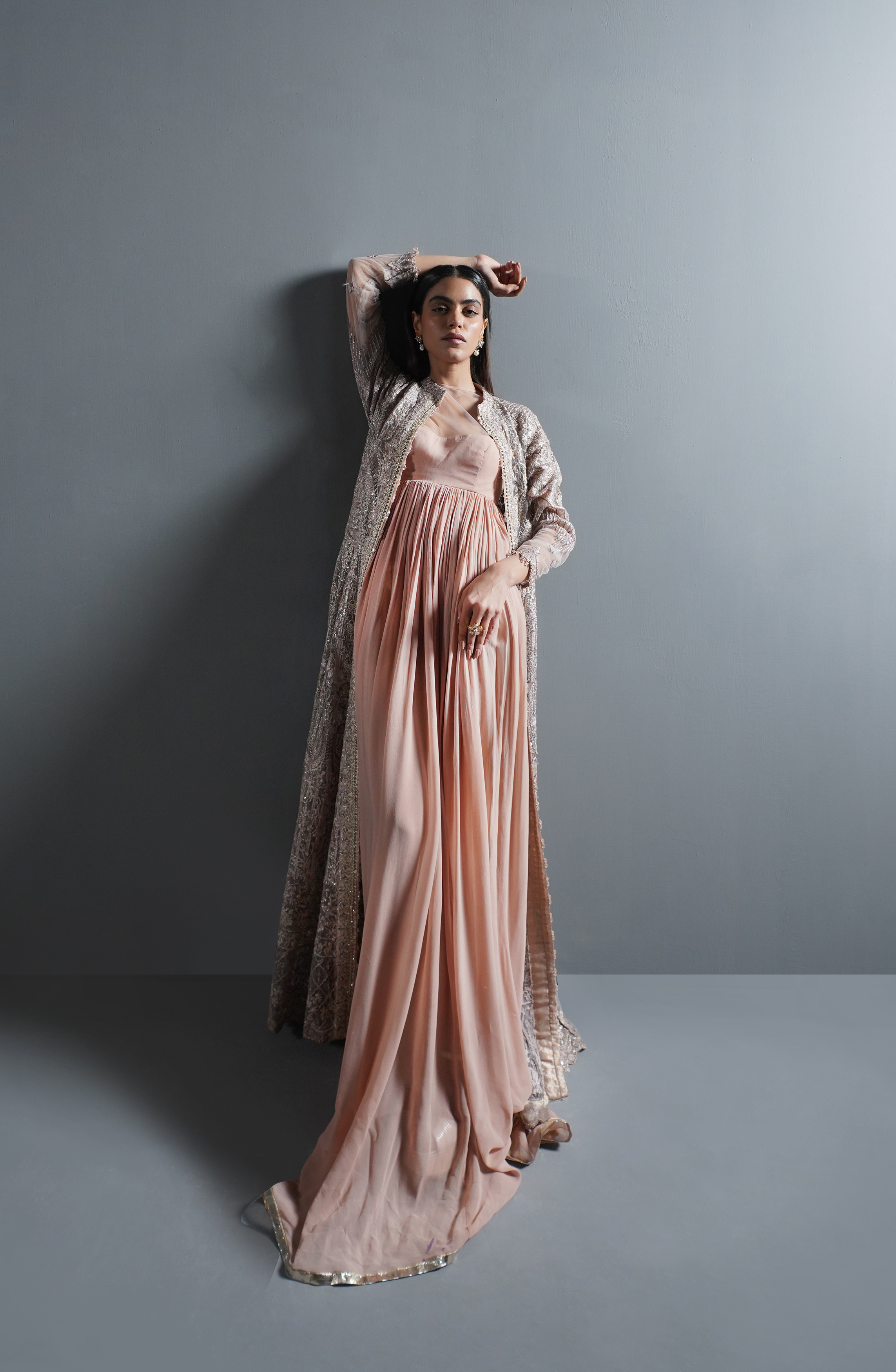 Pakistani Powder Pink Embroidered Net Jacket with Chiffon Gown (2-Piece) - Image 8