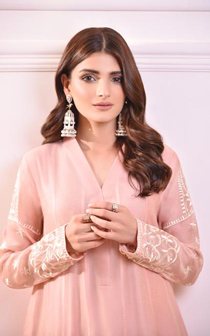 Pakistani Blush Pink Embroidered Cotton Net Gown (2-Piece) - Image 2
