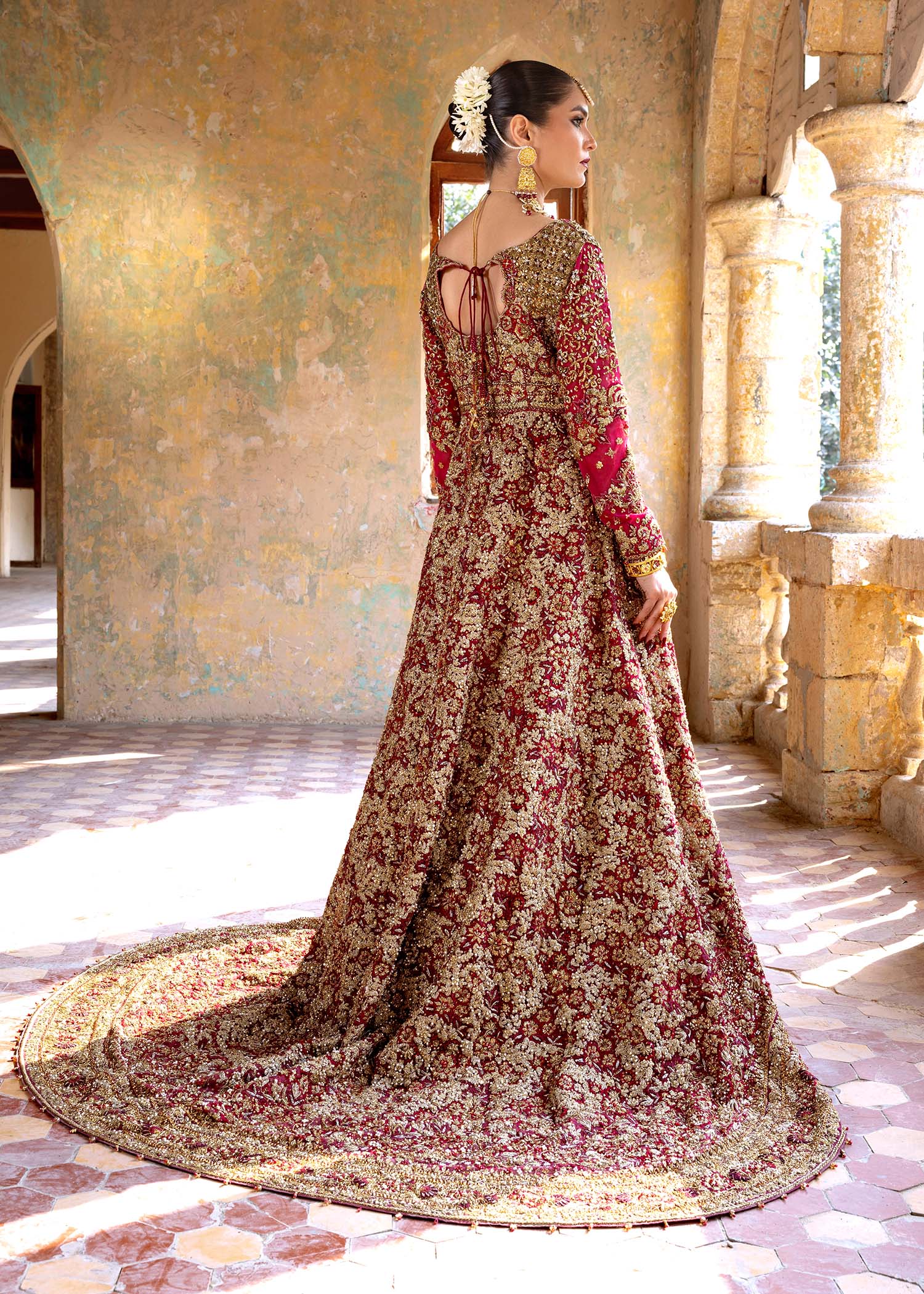 Pakistani Cerise Pink Embroidered French Net Gown (2-Piece) - Image 3