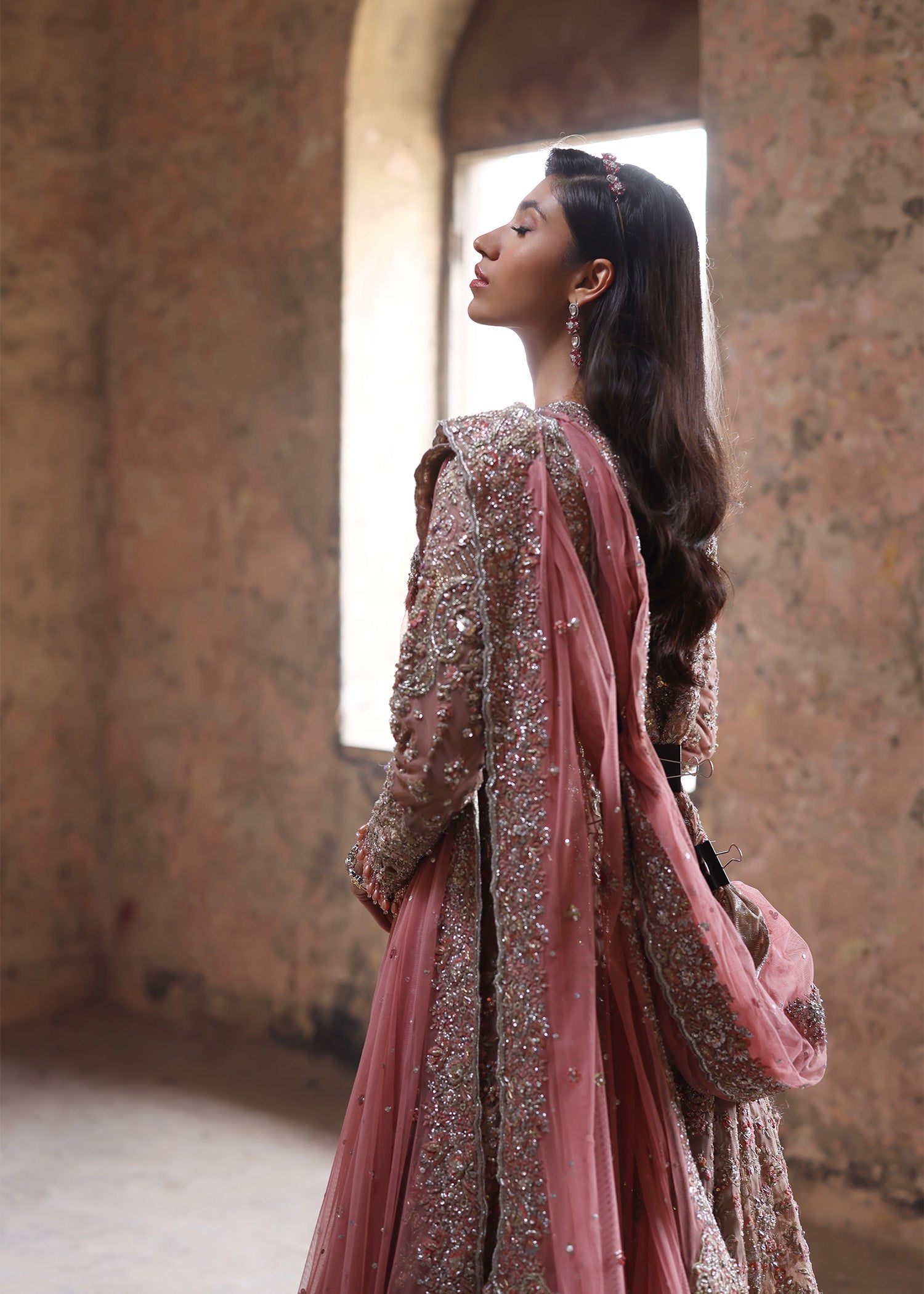 Pakistani Nude Pink Embellished French Net Gown (3-Piece) - Image 2