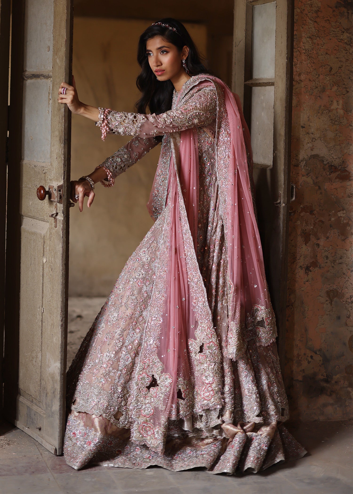 Pakistani Nude Pink Embellished French Net Gown (3-Piece) - Image 6