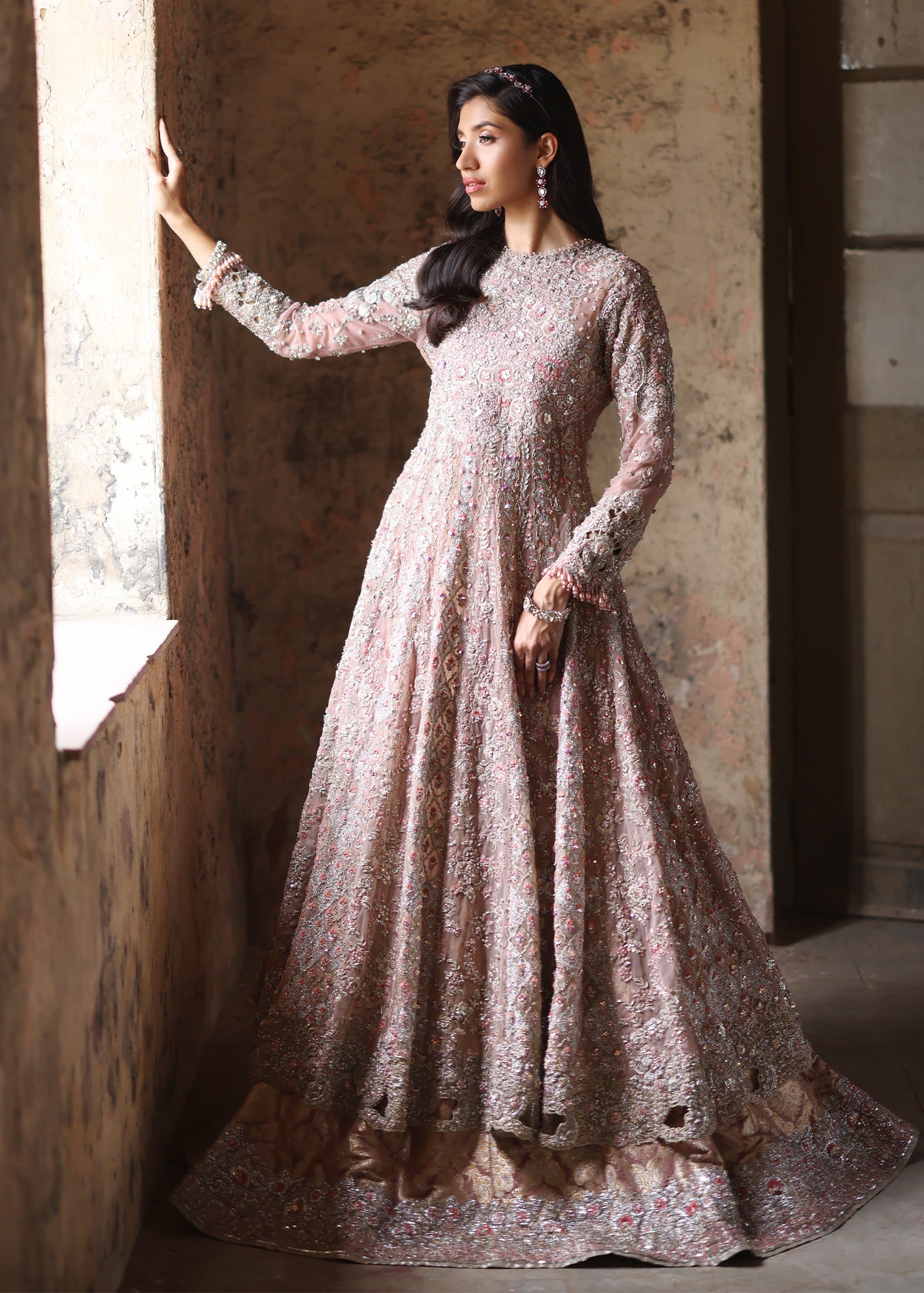 Pakistani Nude Pink Embellished French Net Gown (3-Piece) - Image 7