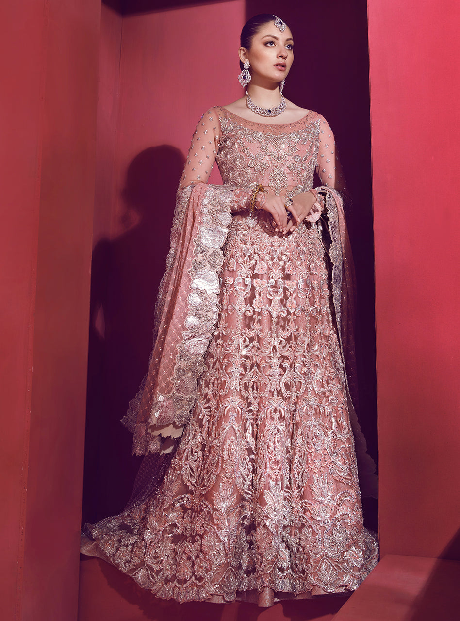 Pastel Pink Embellished Net Bridal Gown (3-Piece) - Image 1