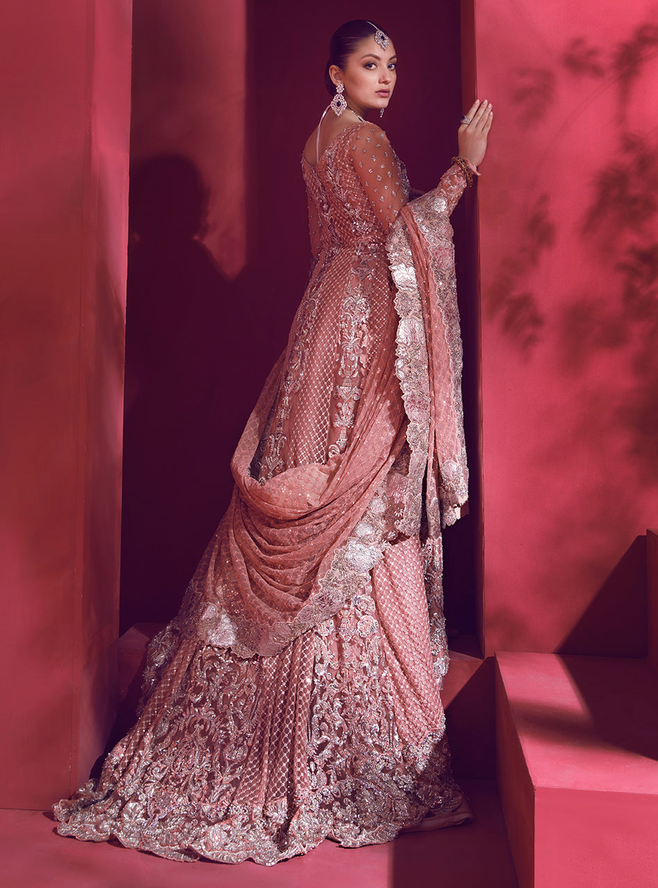 Pastel Pink Embellished Net Bridal Gown (3-Piece) - Image 2