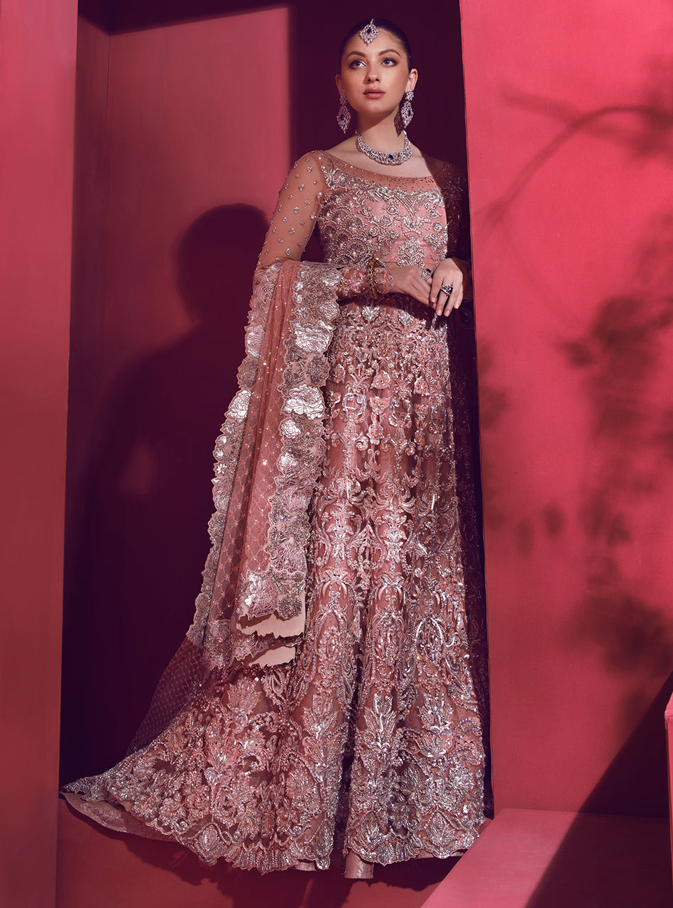 Pastel Pink Embellished Net Bridal Gown (3-Piece) - Image 3