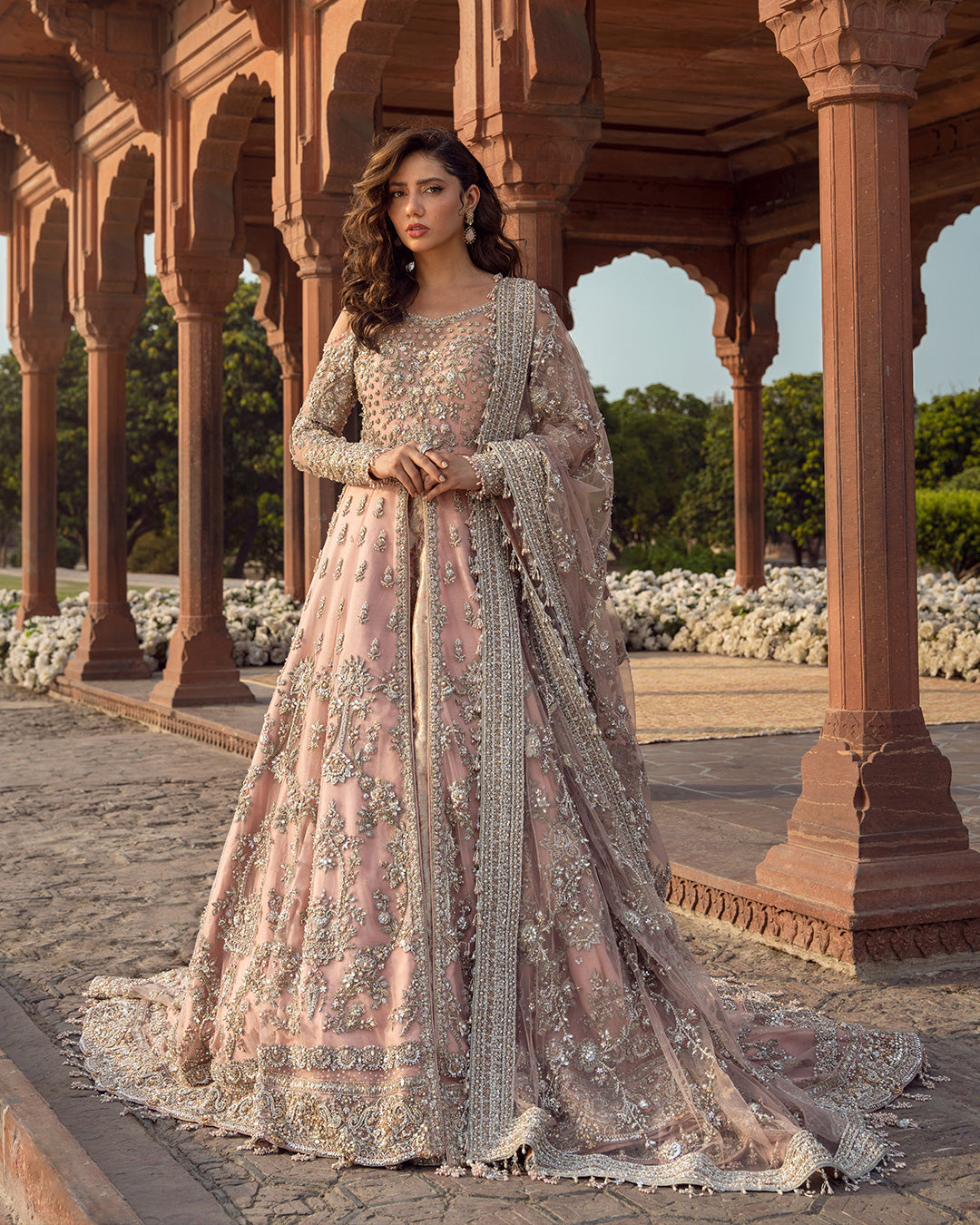 Pakistani Blush Pink Embellished Net & Jamawar Bridal Gown (3-Piece) - Image 1