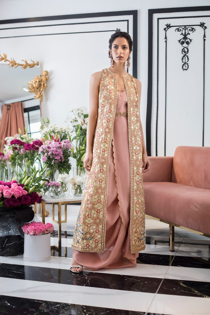 Chai Pink Embroidered Cotton Net Jacket with Khaddi Silk Gown (2-Piece) - Image 1