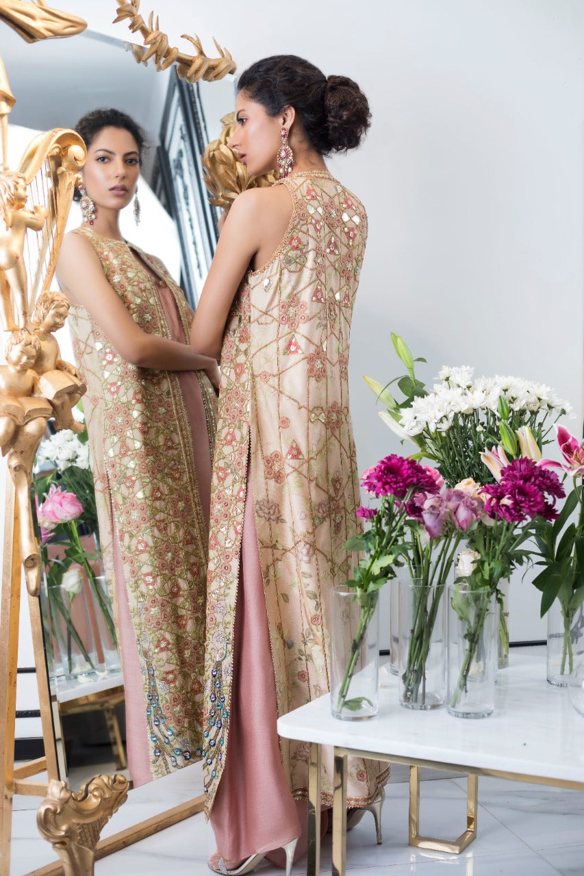 Chai Pink Embroidered Cotton Net Jacket with Khaddi Silk Gown (2-Piece) - Image 2