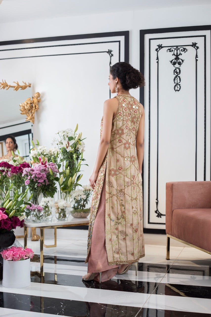 Chai Pink Embroidered Cotton Net Jacket with Khaddi Silk Gown (2-Piece) - Image 3