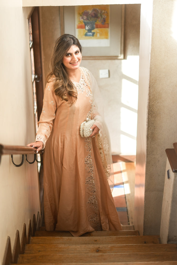 Peach Embroidered Korean Silk Gown (3-Piece) - Image 1