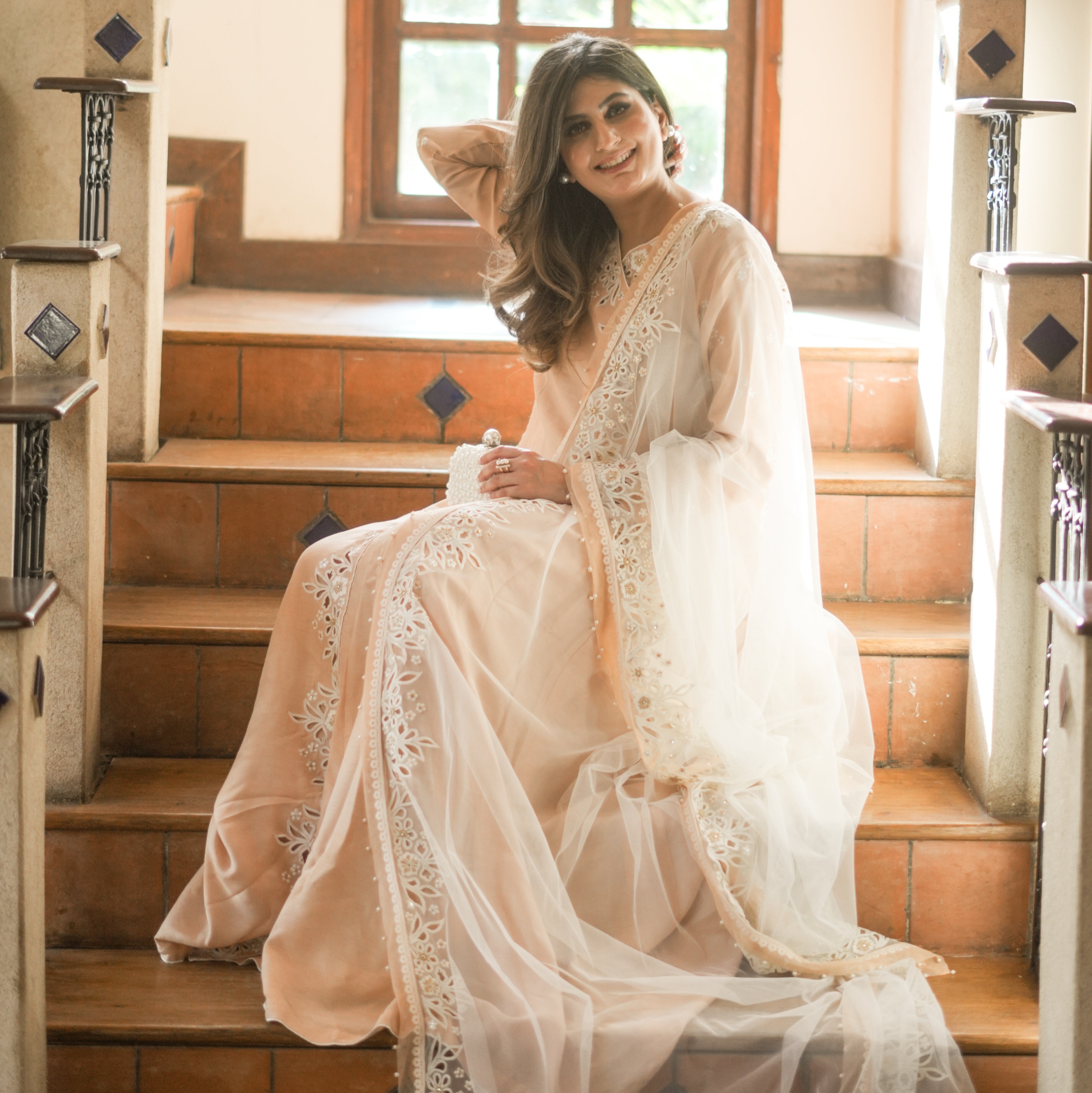 Peach Embroidered Korean Silk Gown (3-Piece) - Image 3